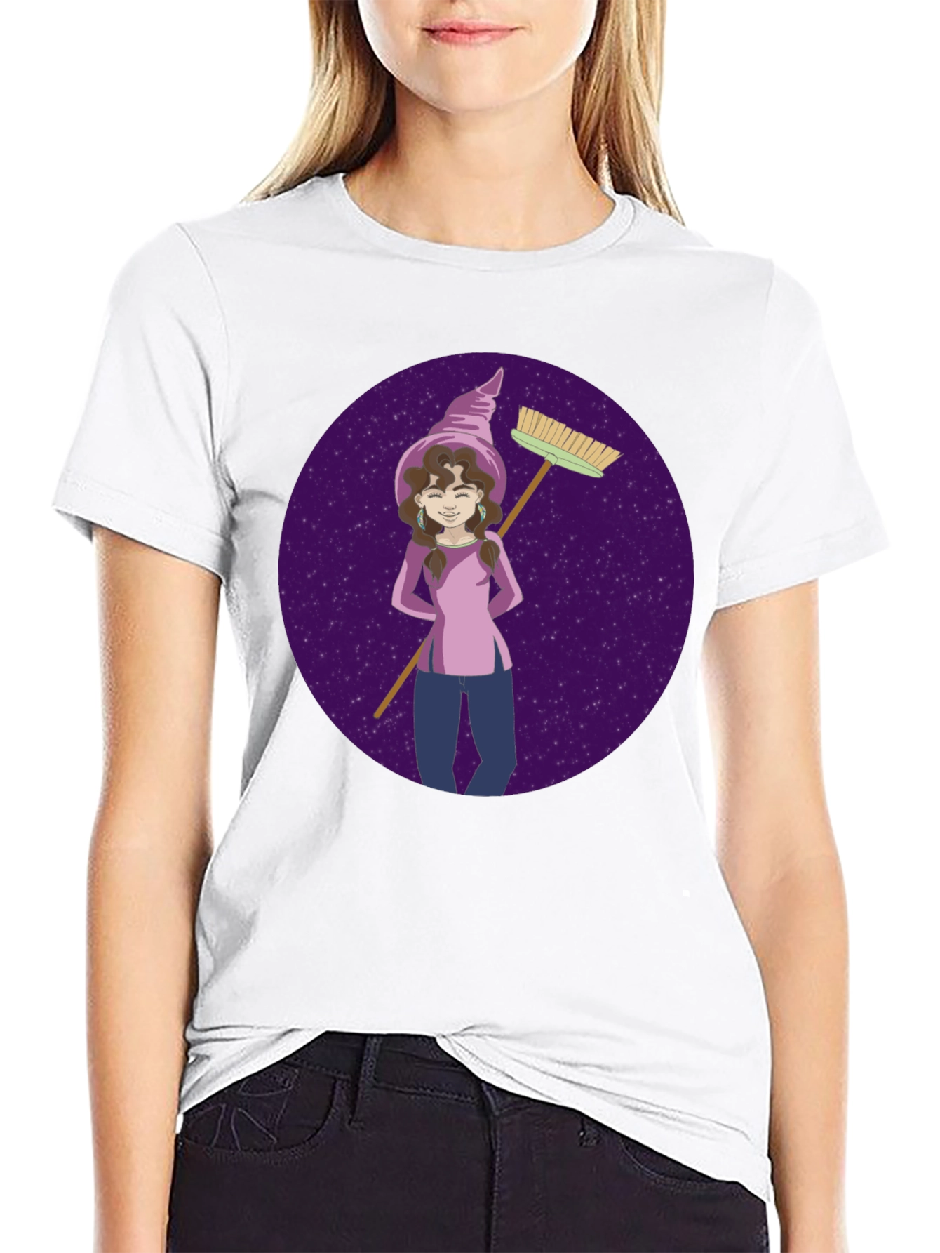 Whimsical Witch Graphic Tee - Broom & Stars Design
