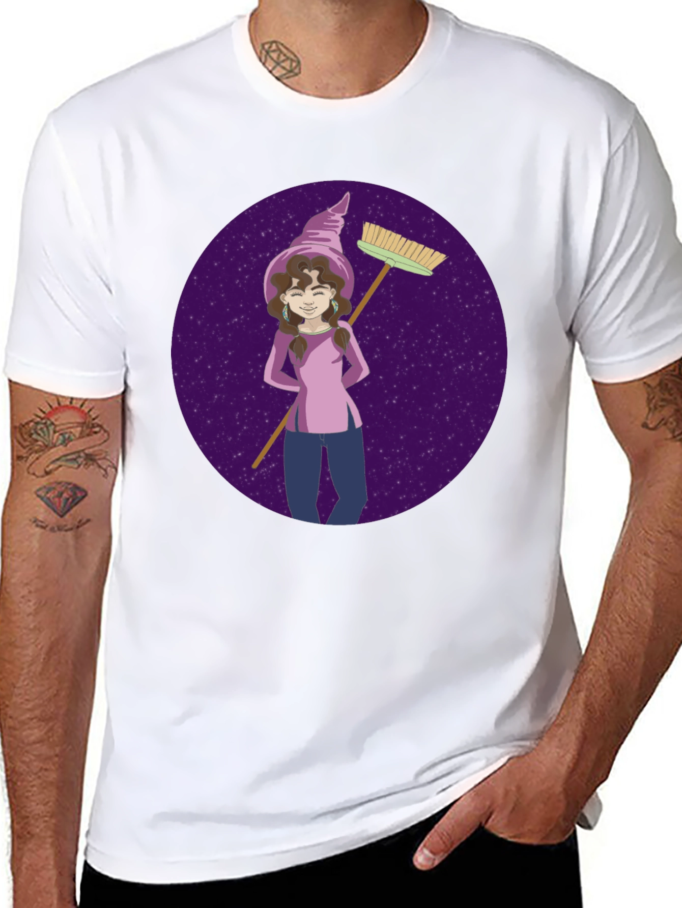 Whimsical Witch Graphic Tee - Broom & Stars Design