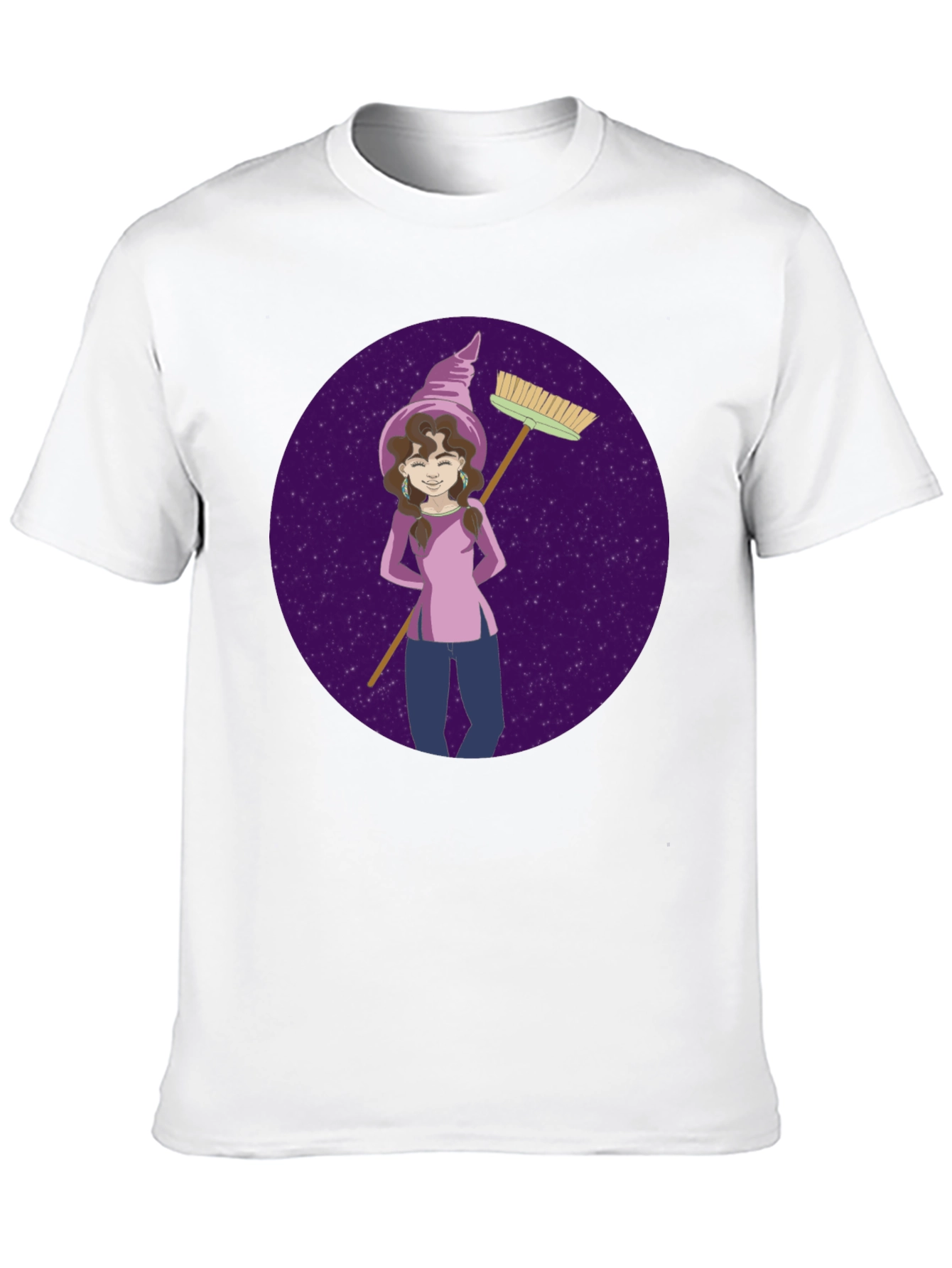 Whimsical Witch Graphic Tee - Broom & Stars Design