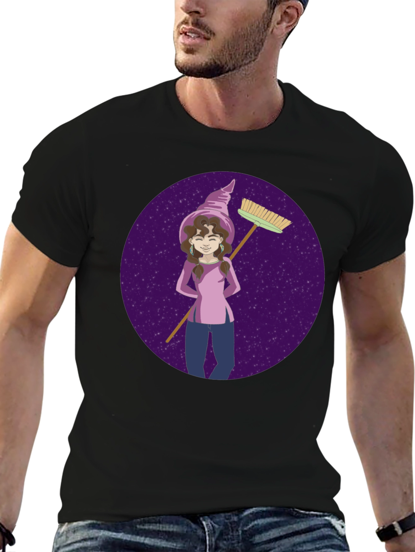 Whimsical Witch Graphic Tee - Broom & Stars Design