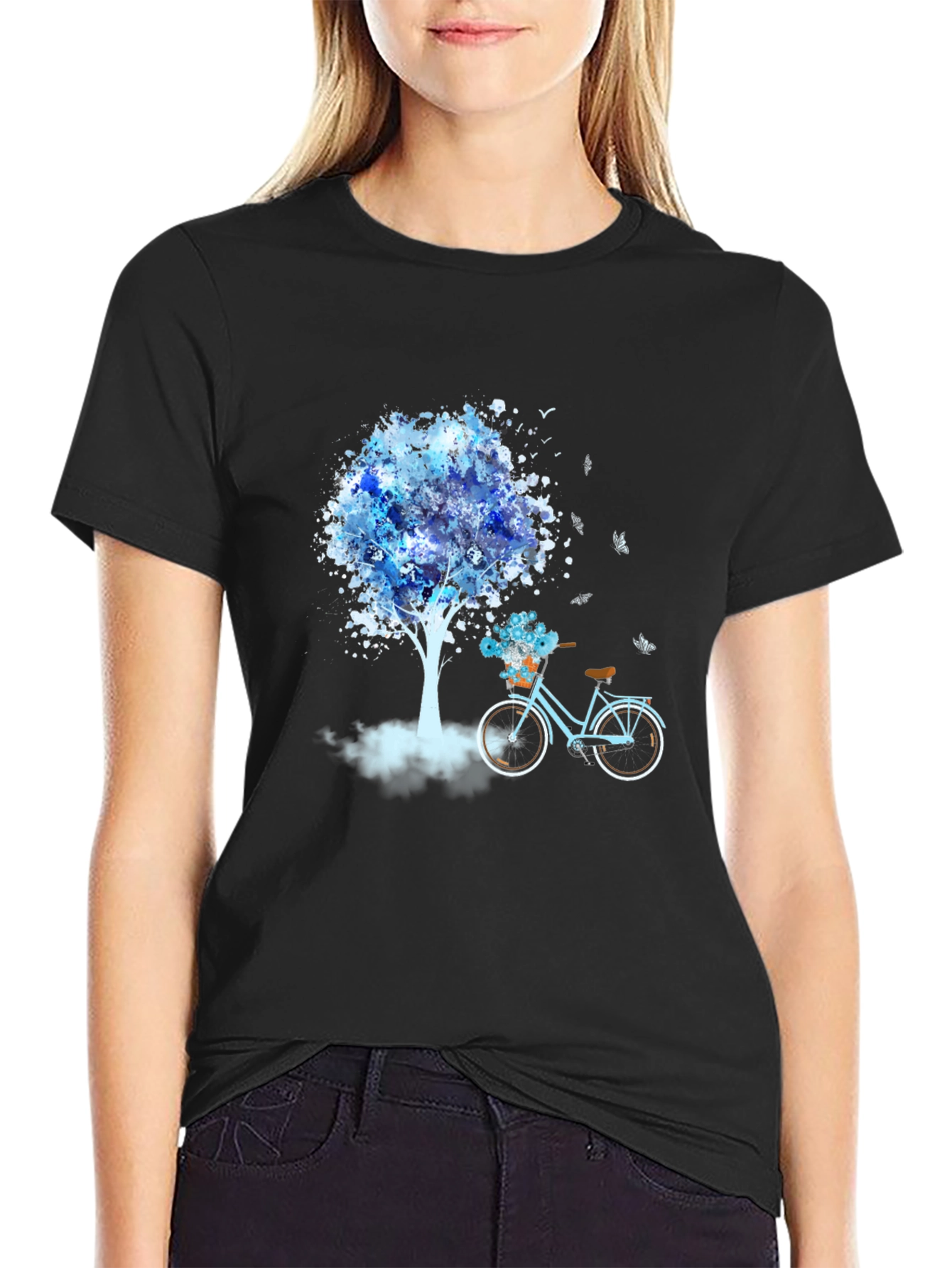 Blue Tree Bicycle Black T-Shirt