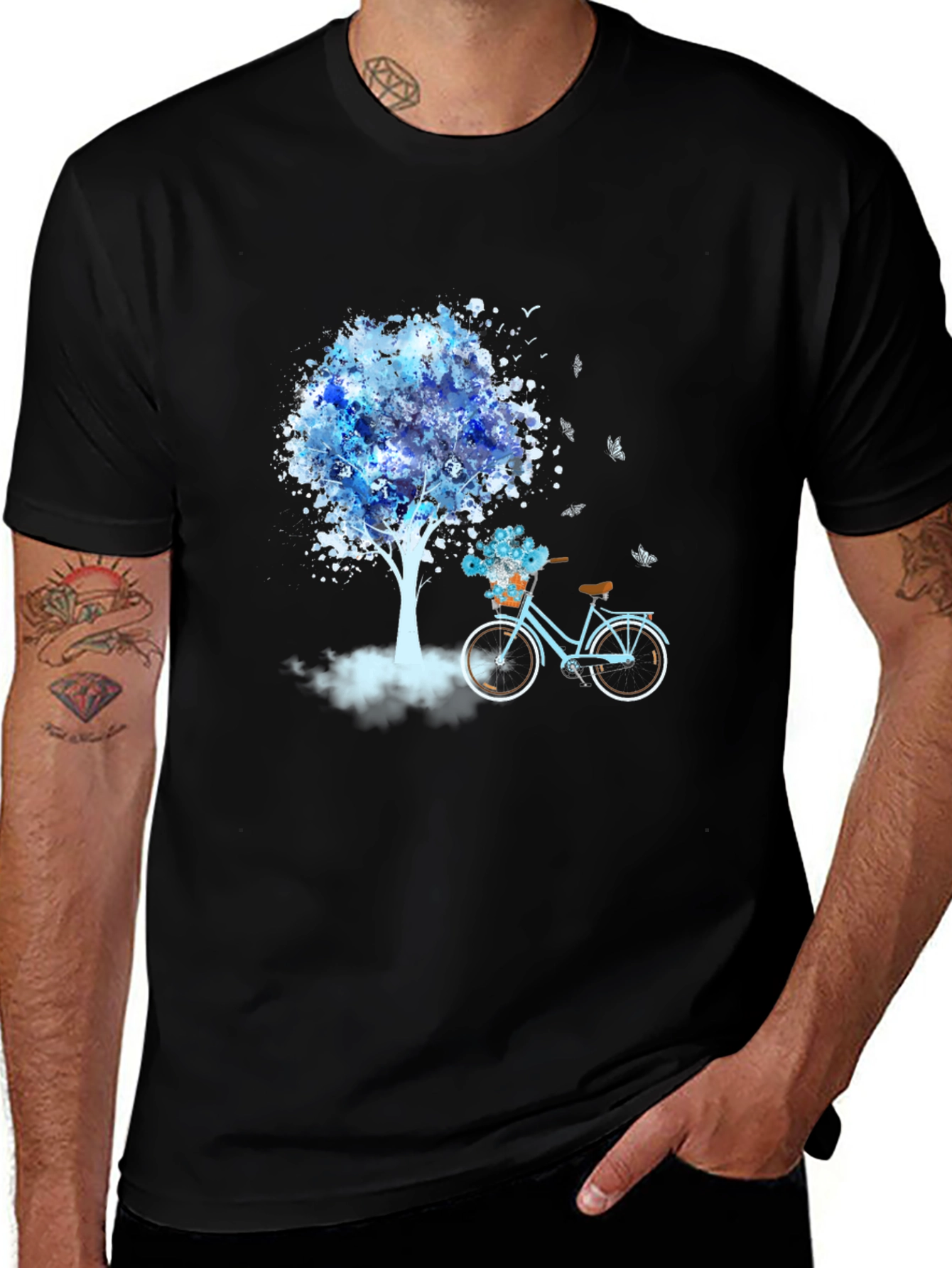 Blue Tree Bicycle Black T-Shirt