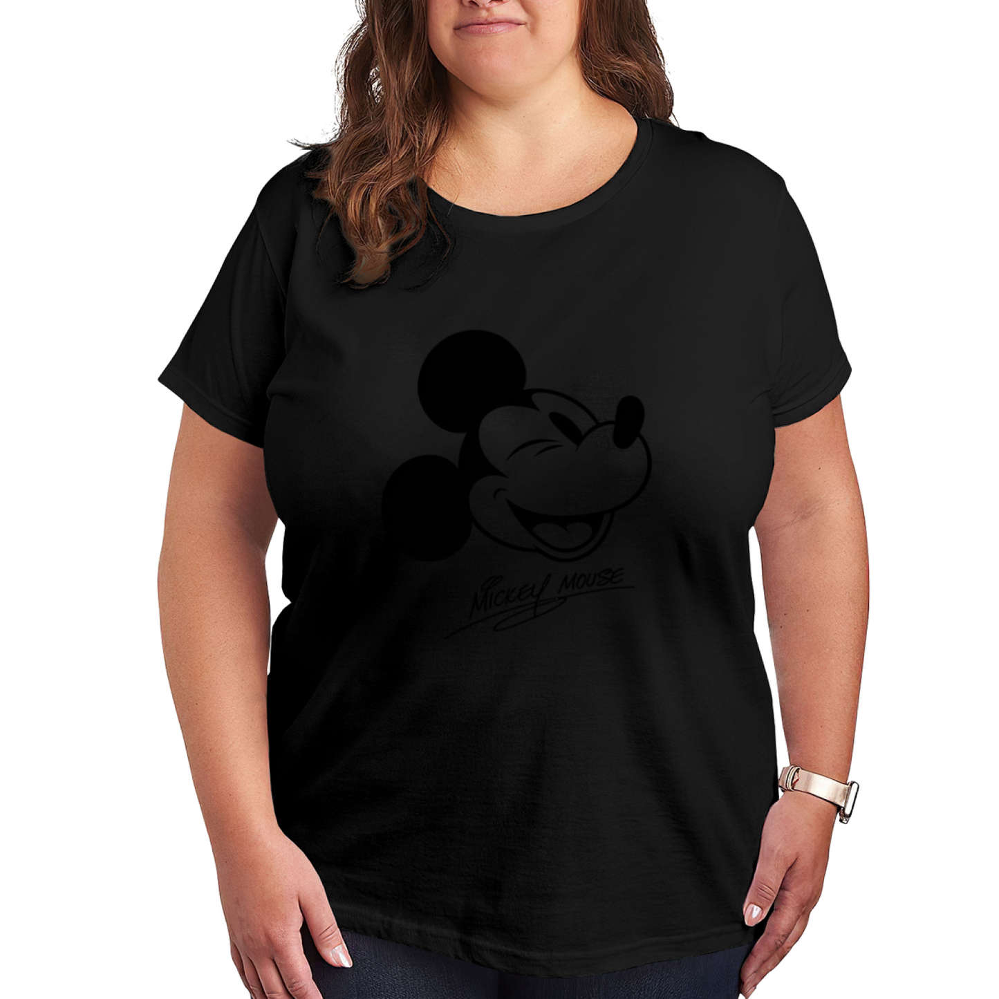 Winking Signature Mickey Mouse Nostalgic Plus?Size Women Casual Tee