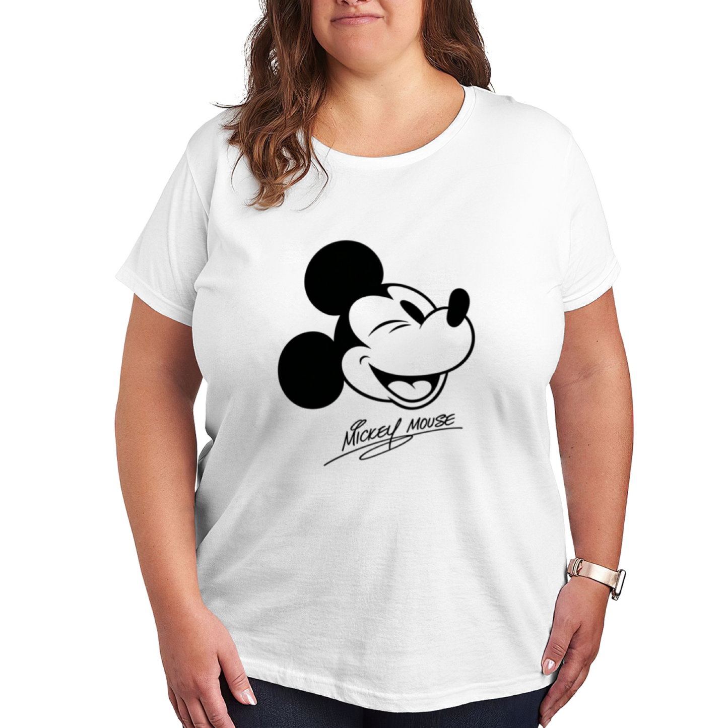 Winking Signature Mickey Mouse Nostalgic Plus?Size Women Casual Tee