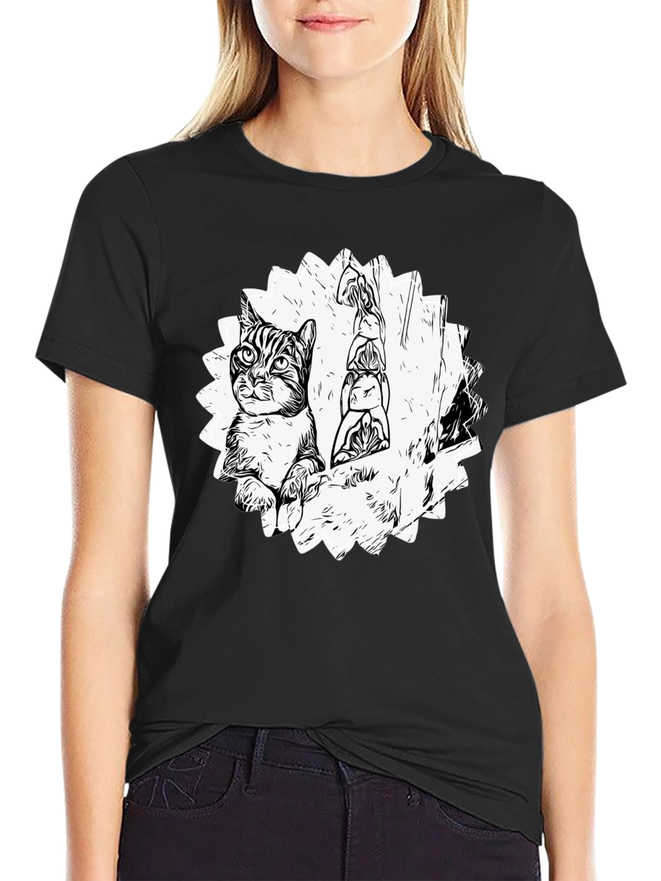 Cool Cat & Totem Pole Graphic Tee - Black