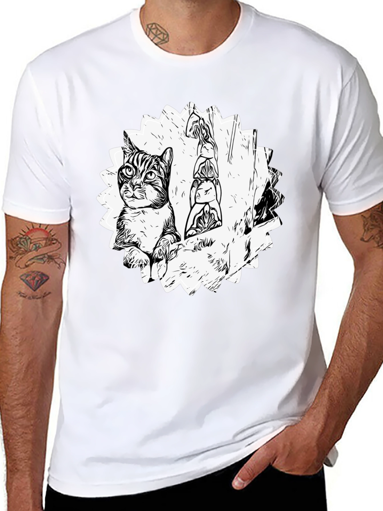 Cool Cat & Totem Pole Graphic Tee - Black