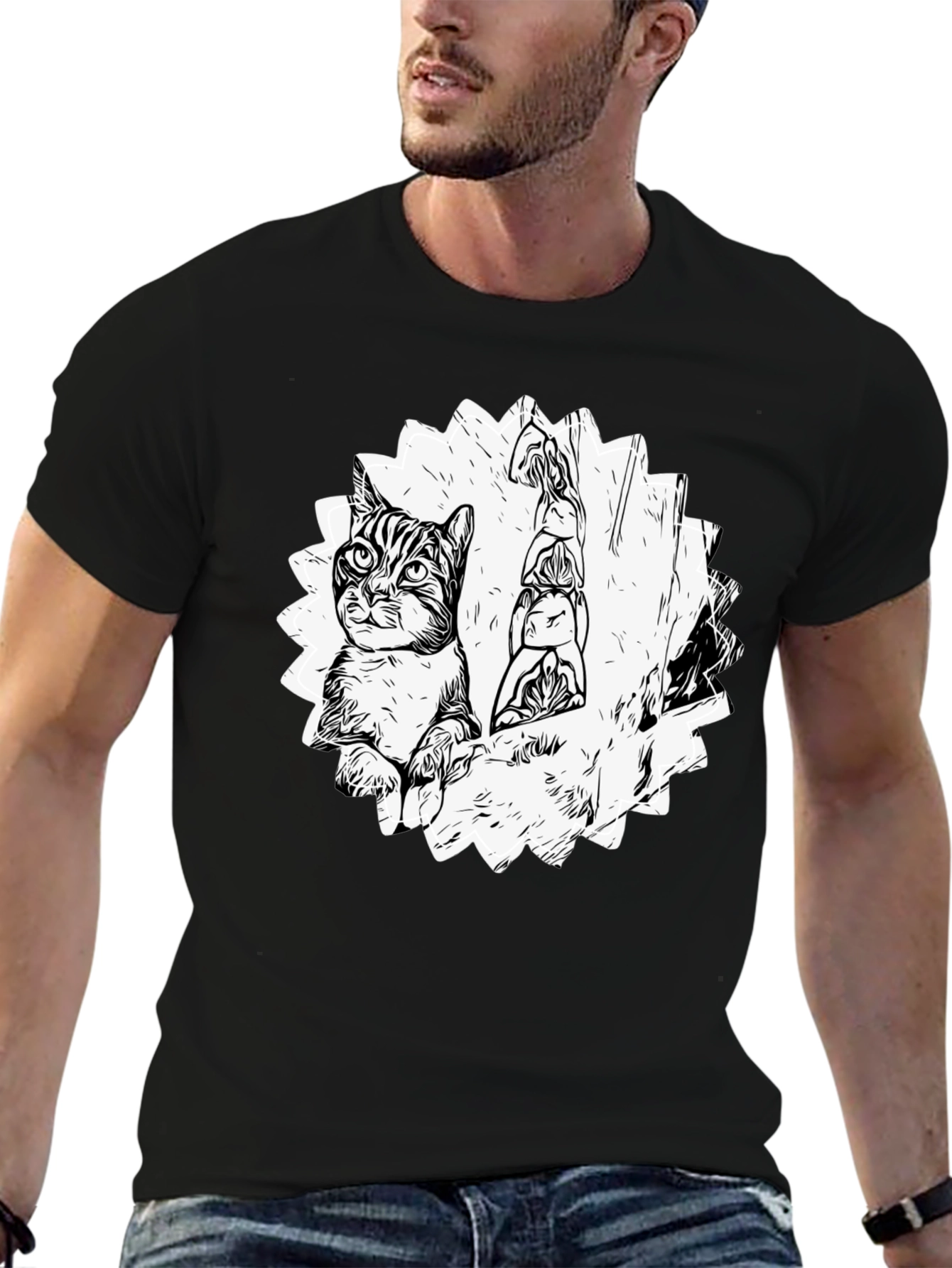 Cool Cat & Totem Pole Graphic Tee - Black