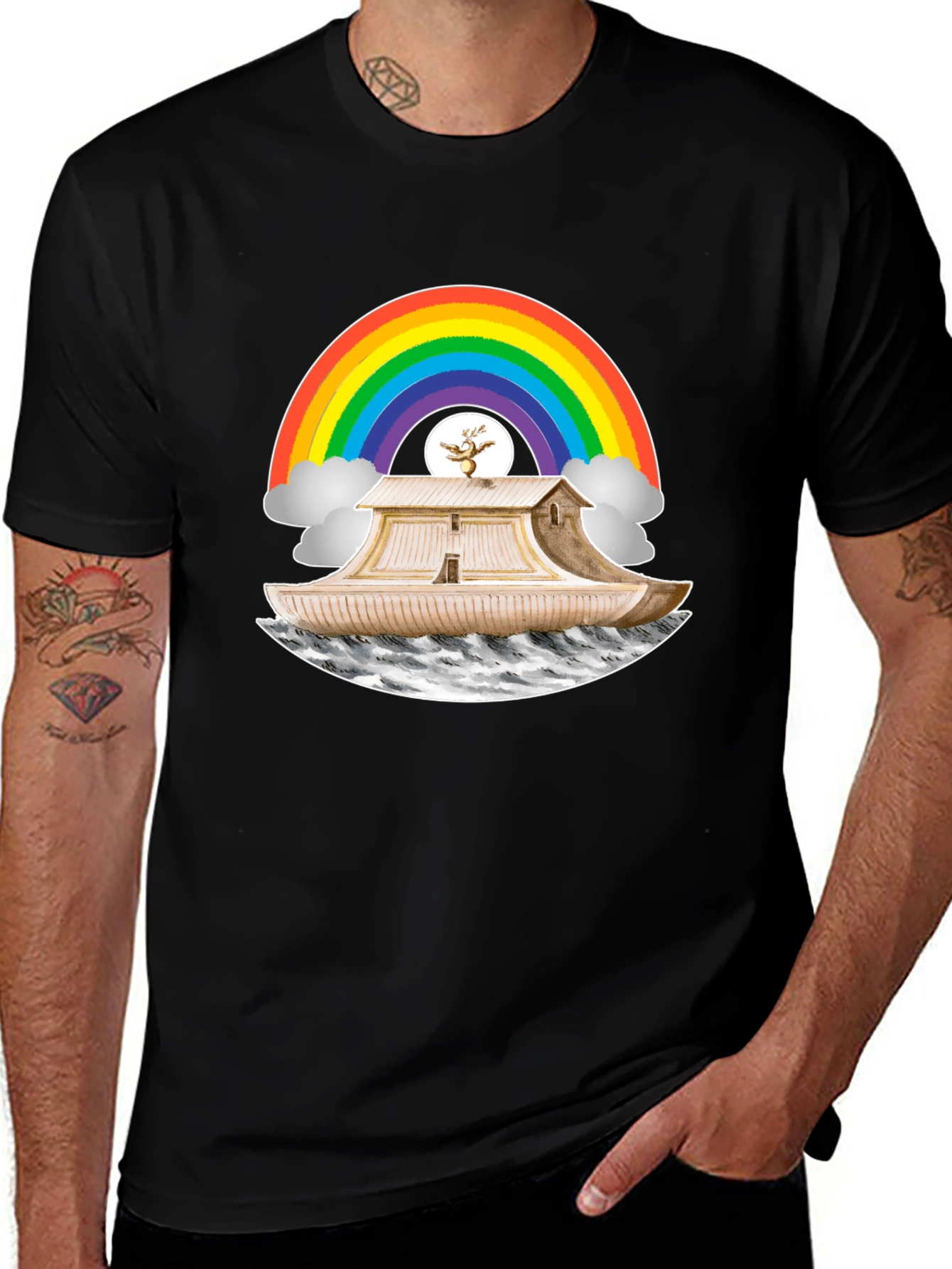 Noahs Ark Rainbow Graphic Tee - Black Cotton T-Shirt