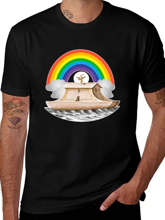 Noahs Ark Rainbow Graphic Tee - Black Cotton T-Shirt