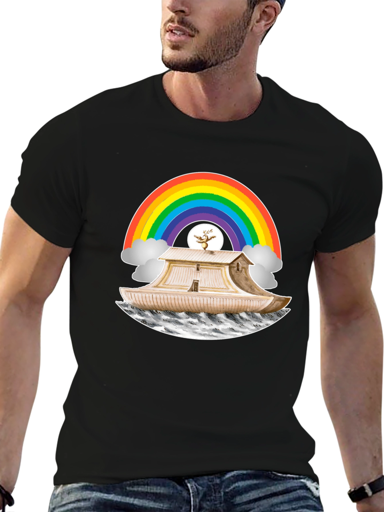 Noahs Ark Rainbow Graphic Tee - Black Cotton T-Shirt
