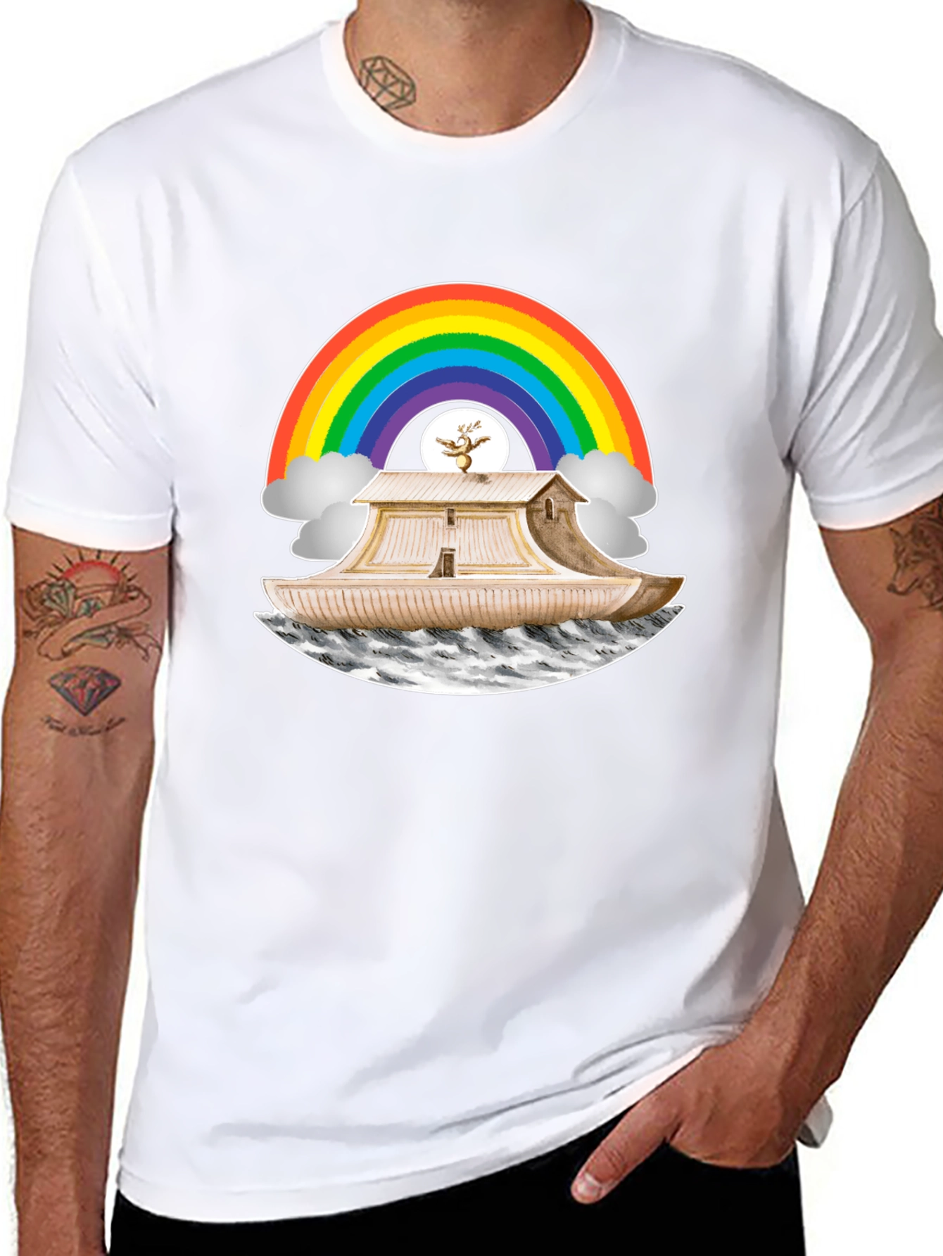 Noahs Ark Rainbow Graphic Tee - Black Cotton T-Shirt
