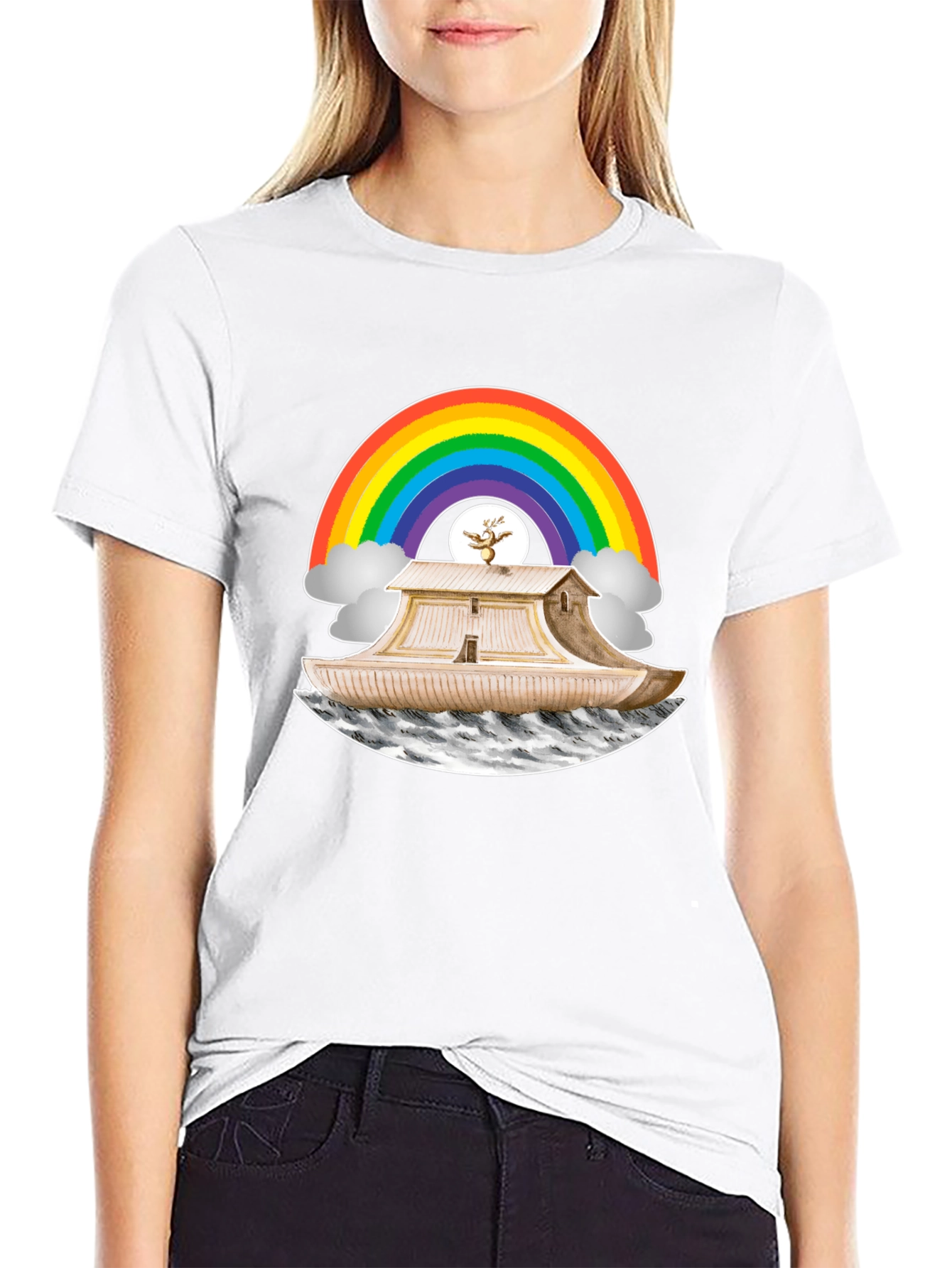 Noahs Ark Rainbow Graphic Tee - Black Cotton T-Shirt