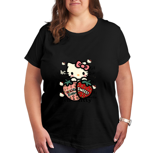 Sweet Strawberry Hello Kitty Cute Black Plus?Size Graphic Tee