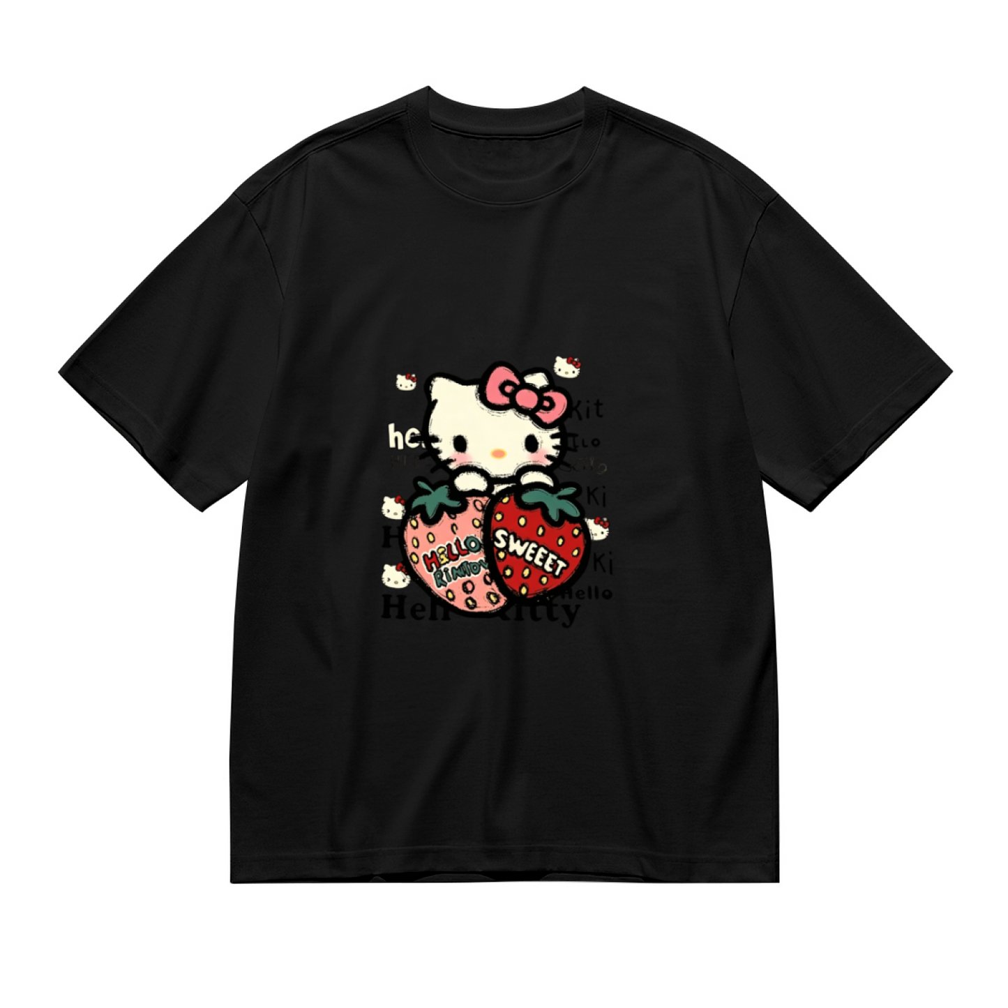 Sweet Strawberry Hello Kitty Cute Black Plus?Size Graphic Tee