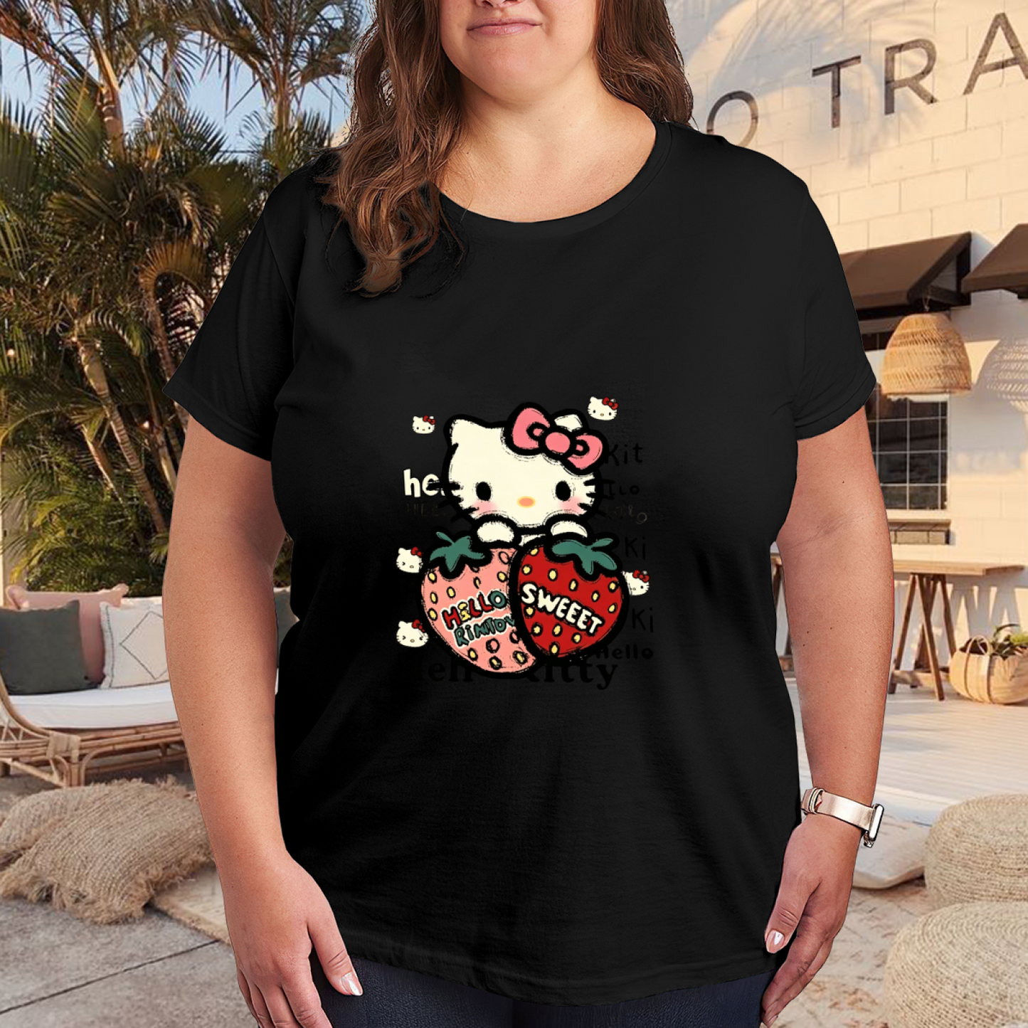 Sweet Strawberry Hello Kitty Cute Black Plus?Size Graphic Tee