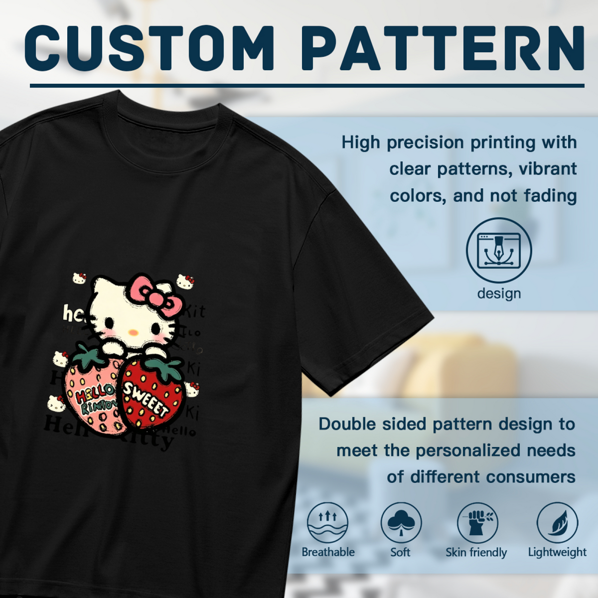Sweet Strawberry Hello Kitty Cute Black Plus?Size Graphic Tee