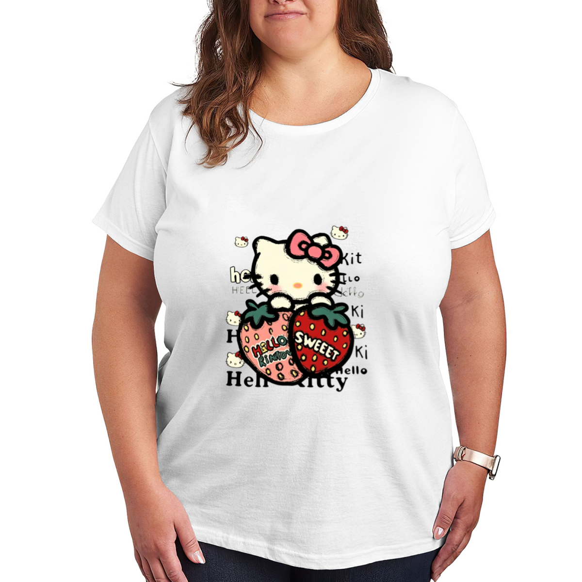 Sweet Strawberry Hello Kitty Cute Black Plus?Size Graphic Tee