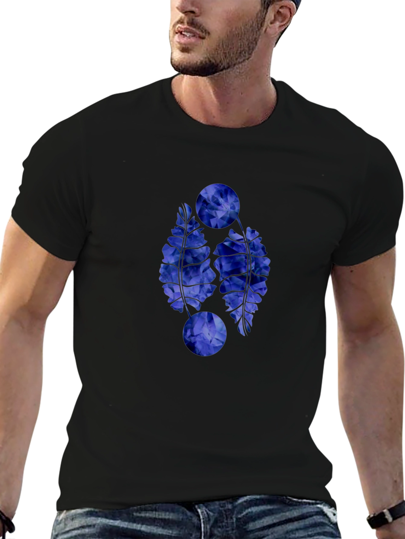 Abstract Blue Floral Graphic Print Black T-Shirt