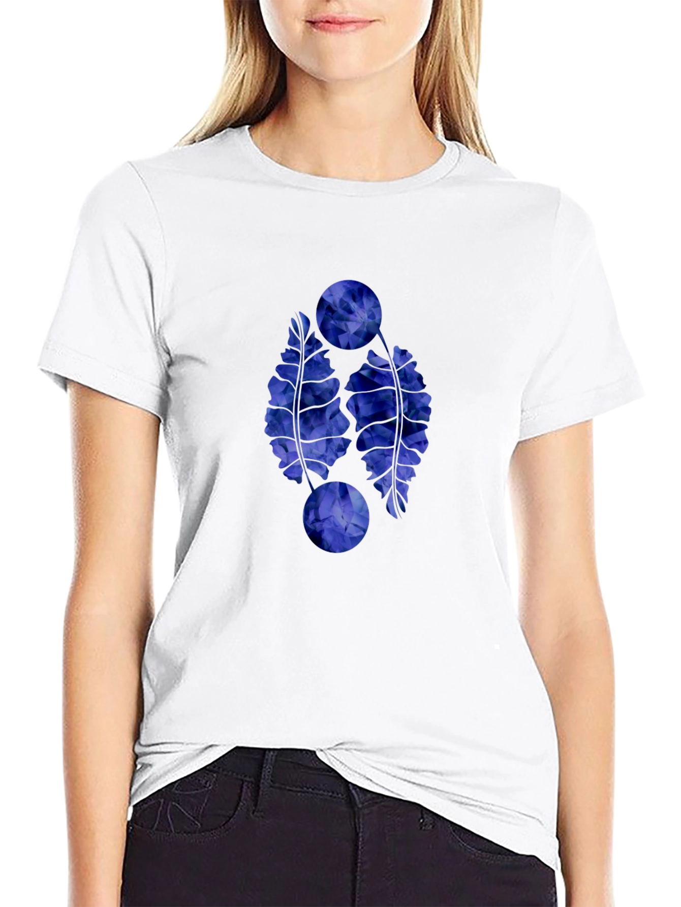 Abstract Blue Floral Graphic Print Black T-Shirt