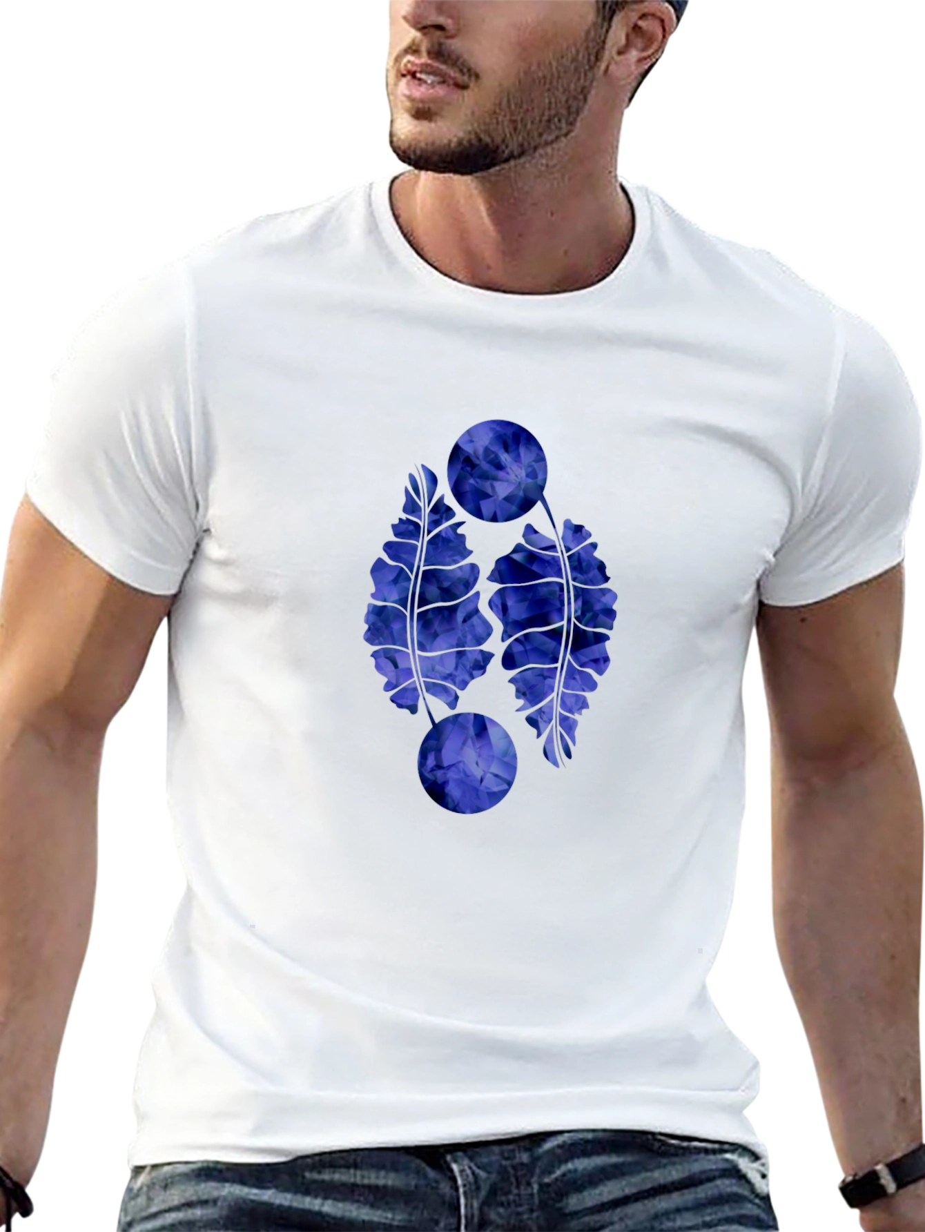 Abstract Blue Floral Graphic Print Black T-Shirt