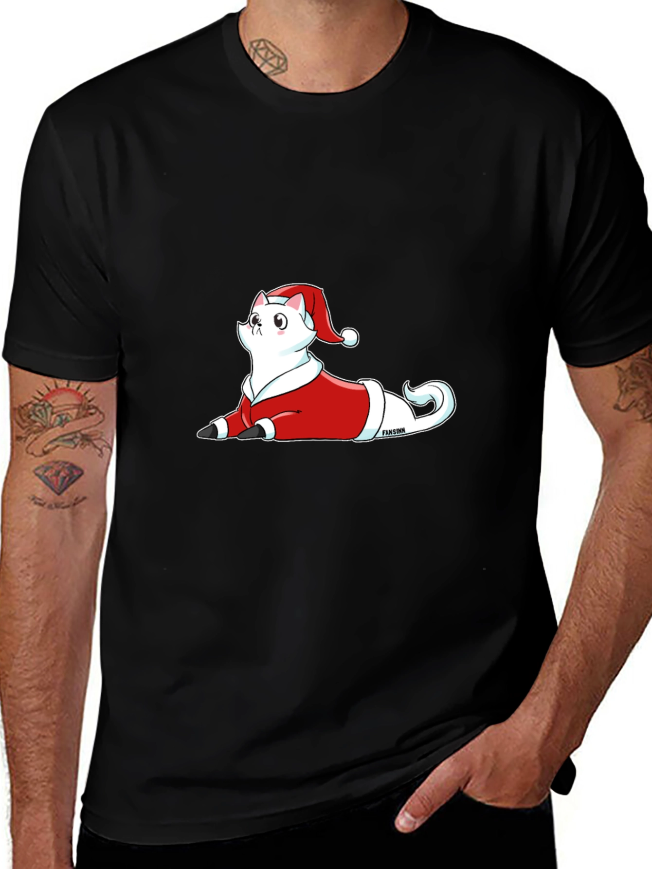 Festive Cat Santa T-Shirt - Black Cotton Tee