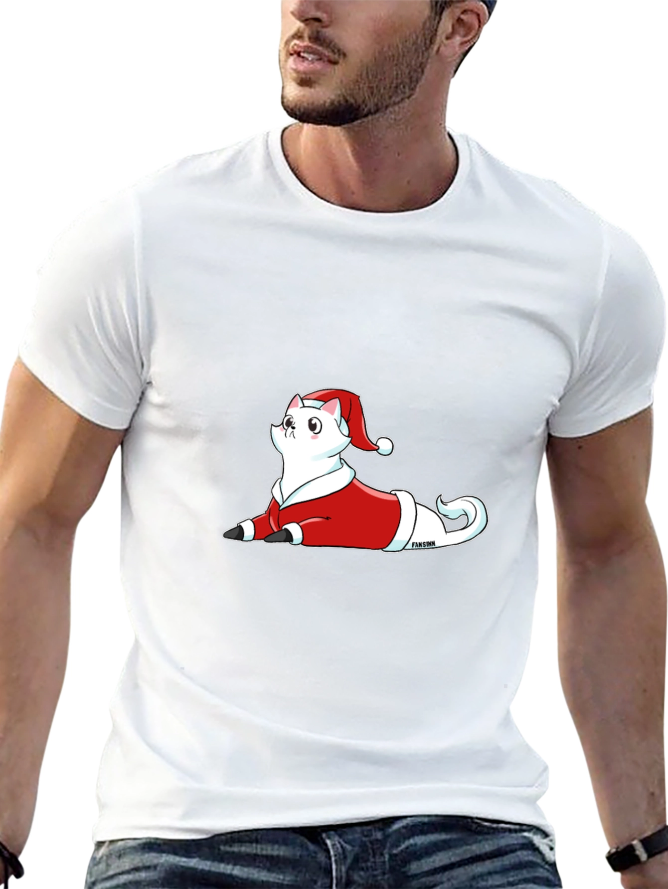 Festive Cat Santa T-Shirt - Black Cotton Tee