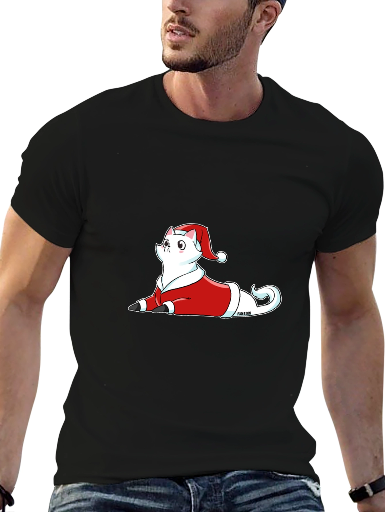 Festive Cat Santa T-Shirt - Black Cotton Tee