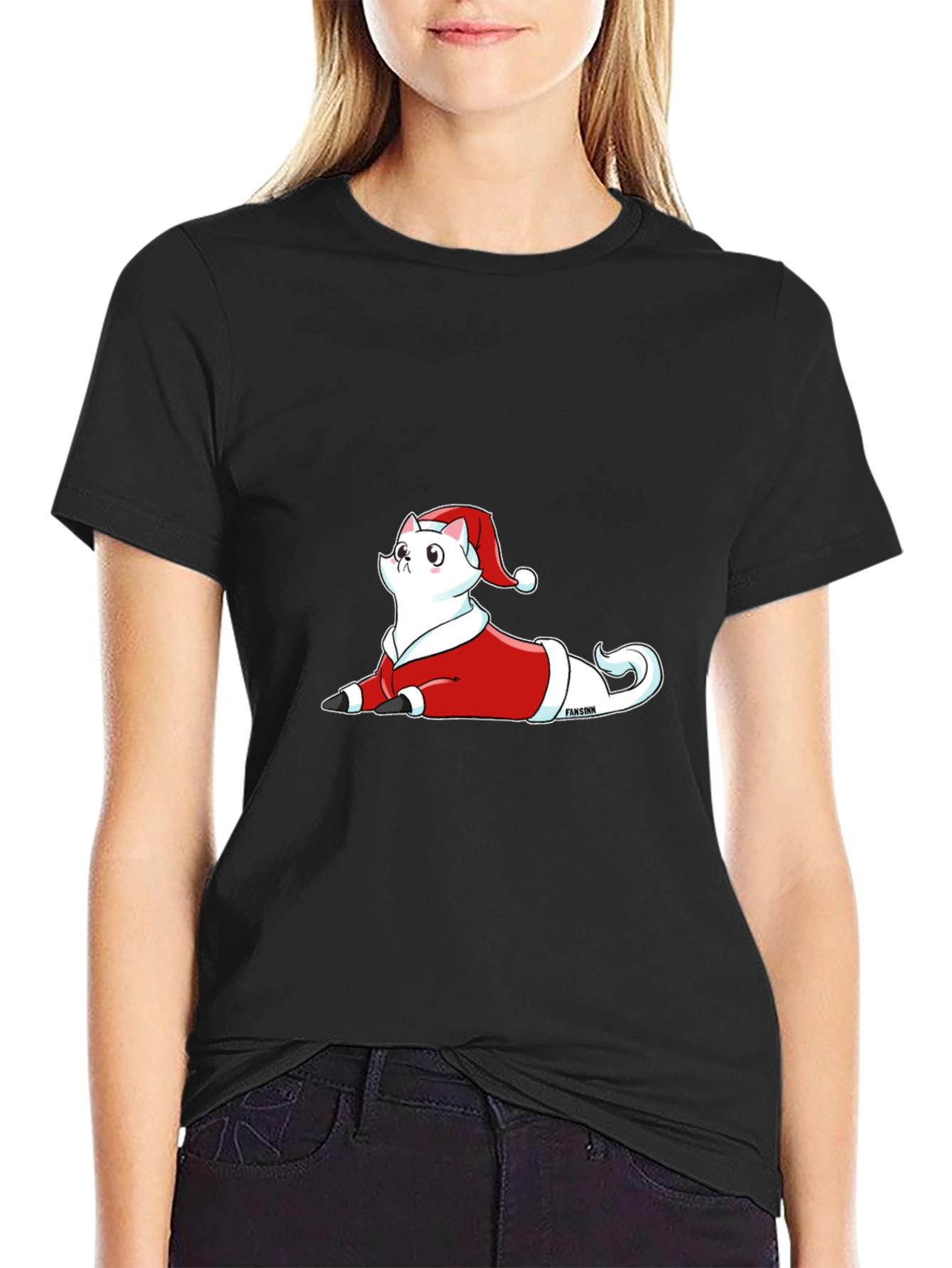 Festive Cat Santa T-Shirt - Black Cotton Tee