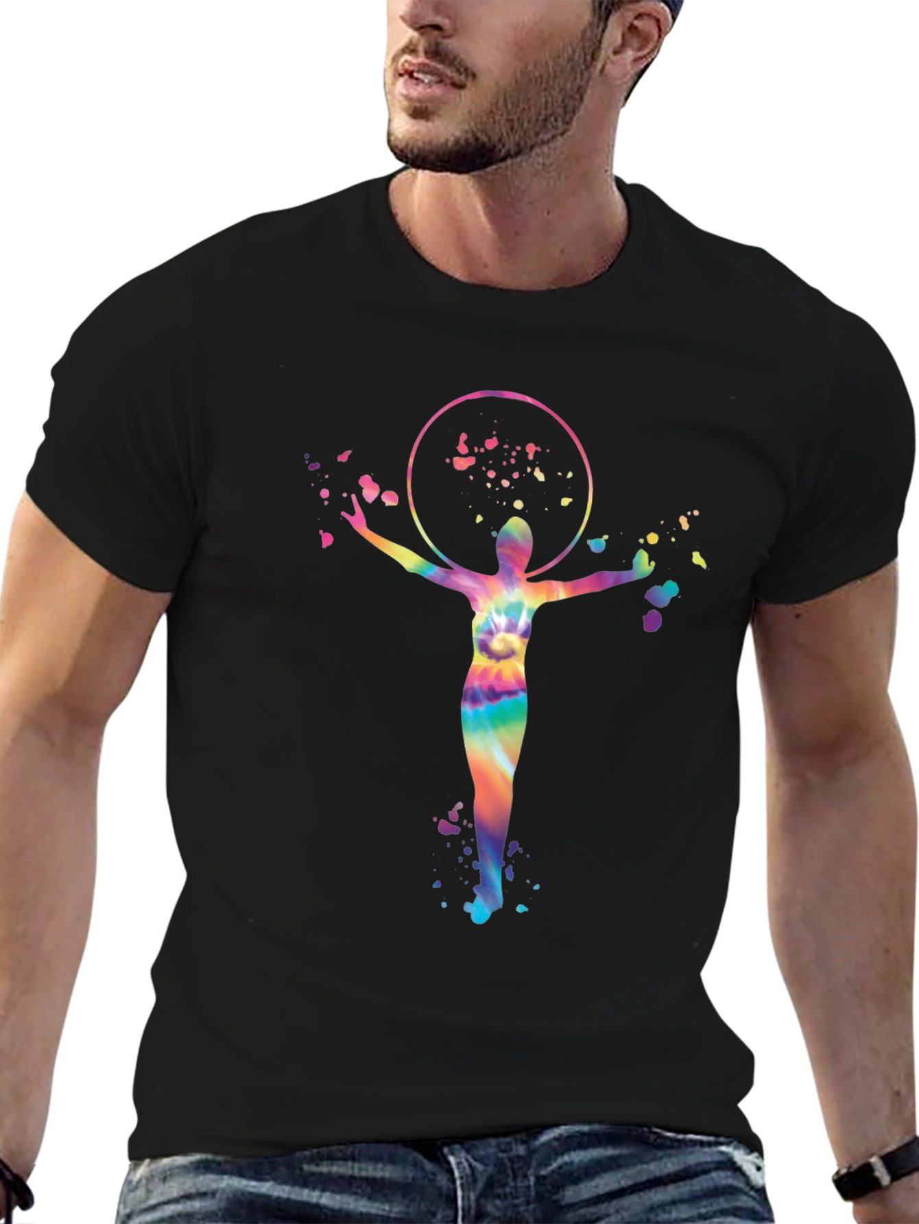 Vibrant Tie-Dye Hula Hoop Design Black T-Shirt