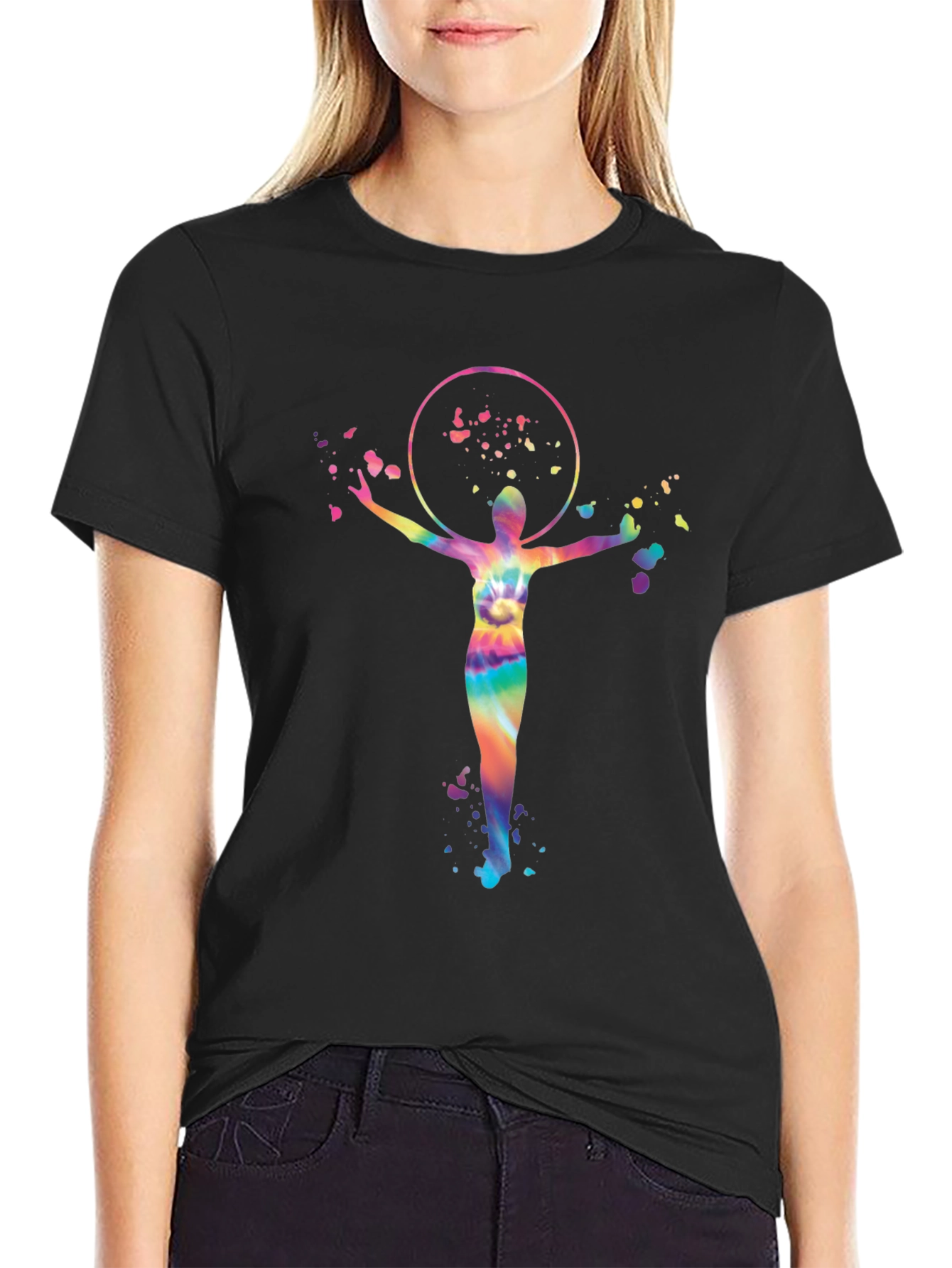 Vibrant Tie-Dye Hula Hoop Design Black T-Shirt