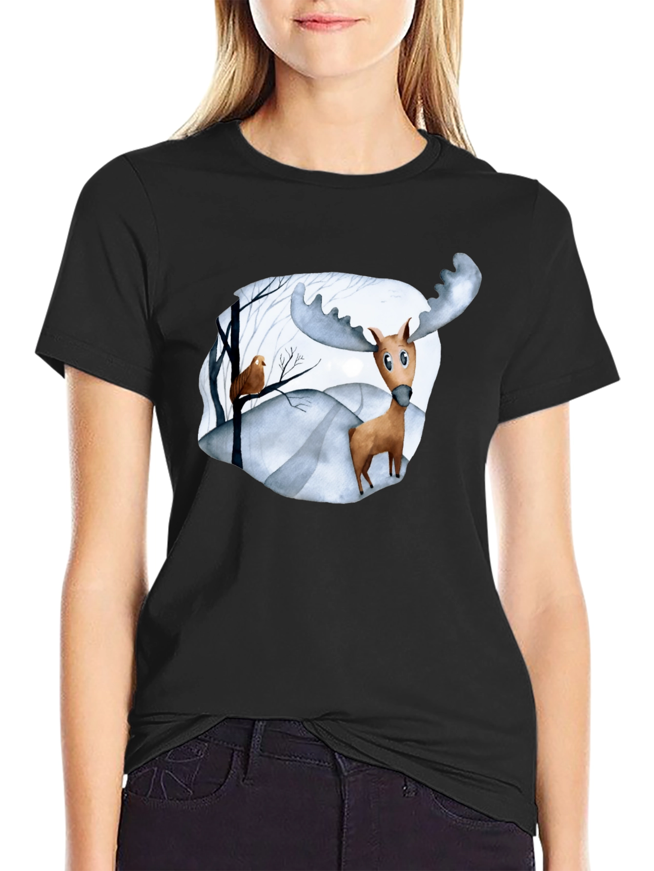 Moose & Bird Graphic Black T-Shirt