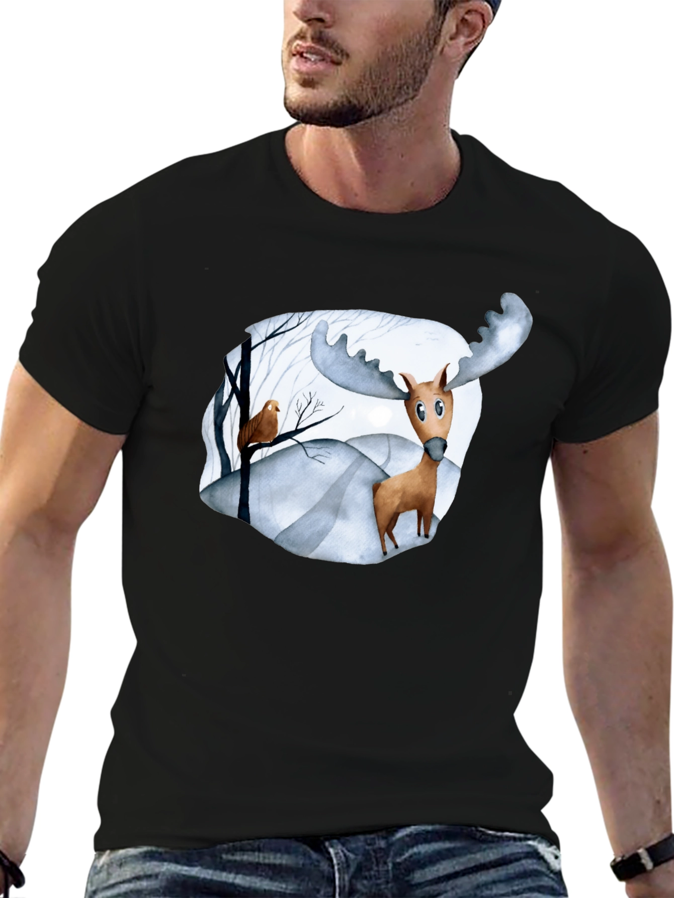 Moose & Bird Graphic Black T-Shirt