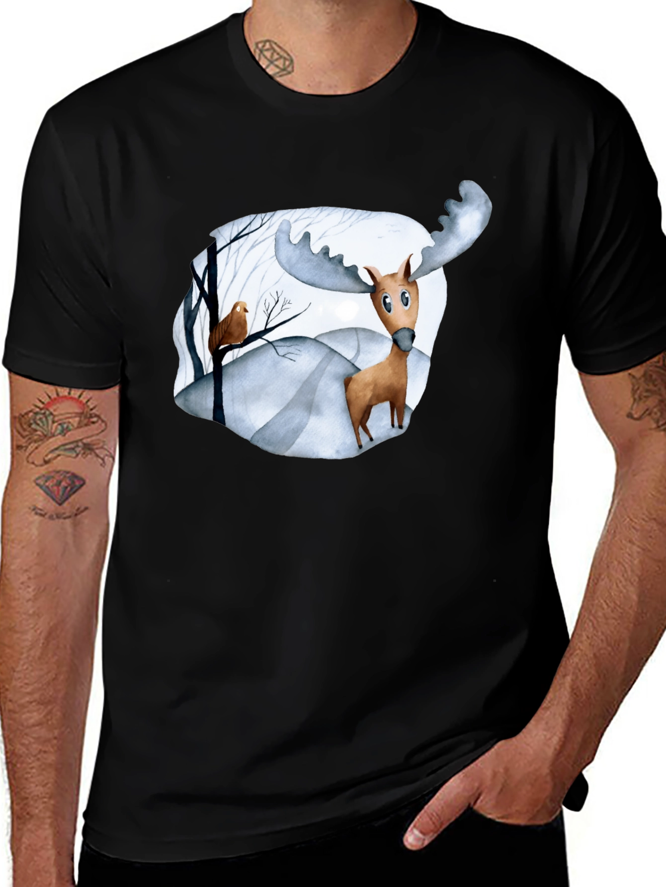 Moose & Bird Graphic Black T-Shirt