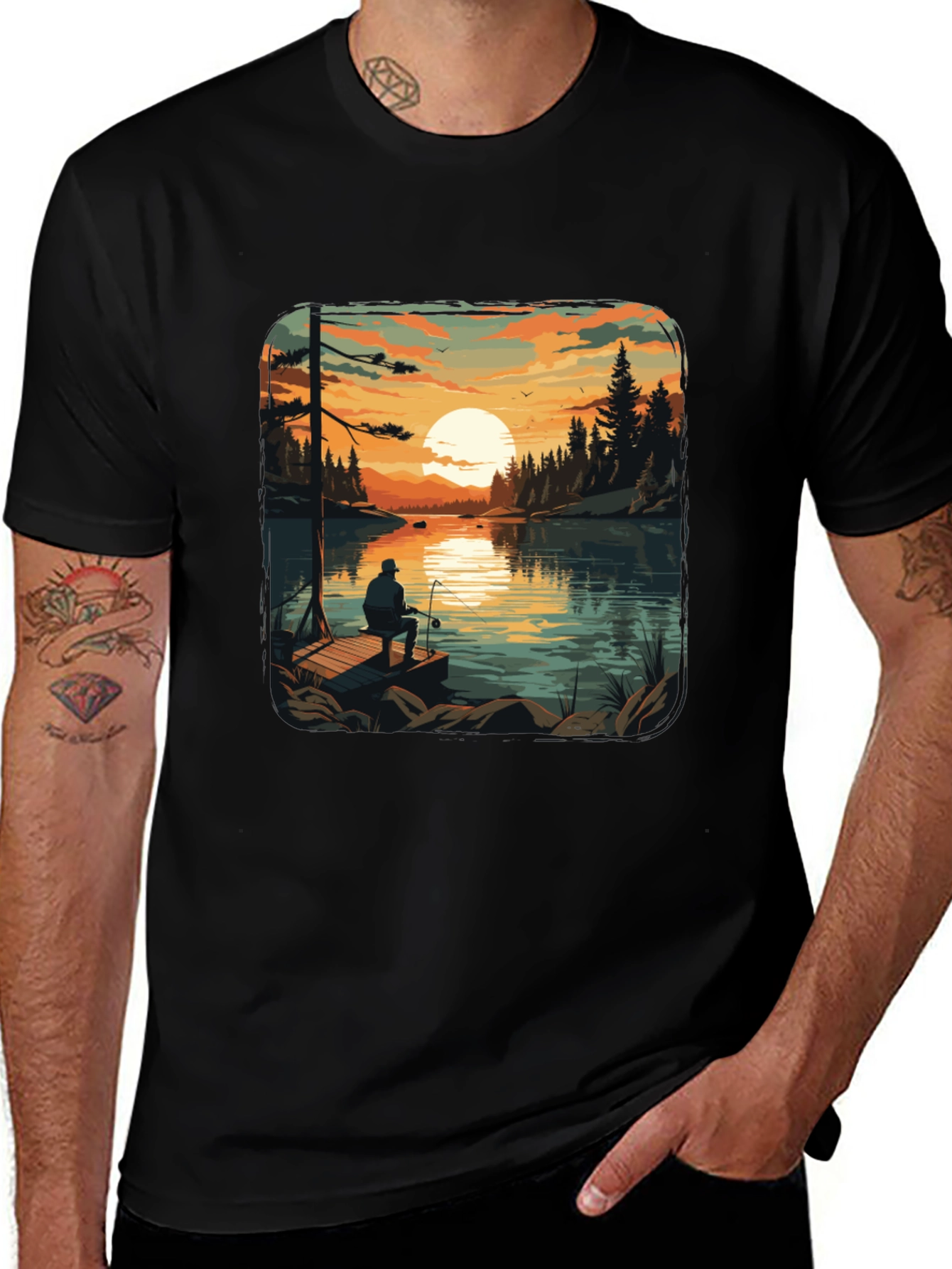 Fishing Lake Sunset Graphic T-Shirt