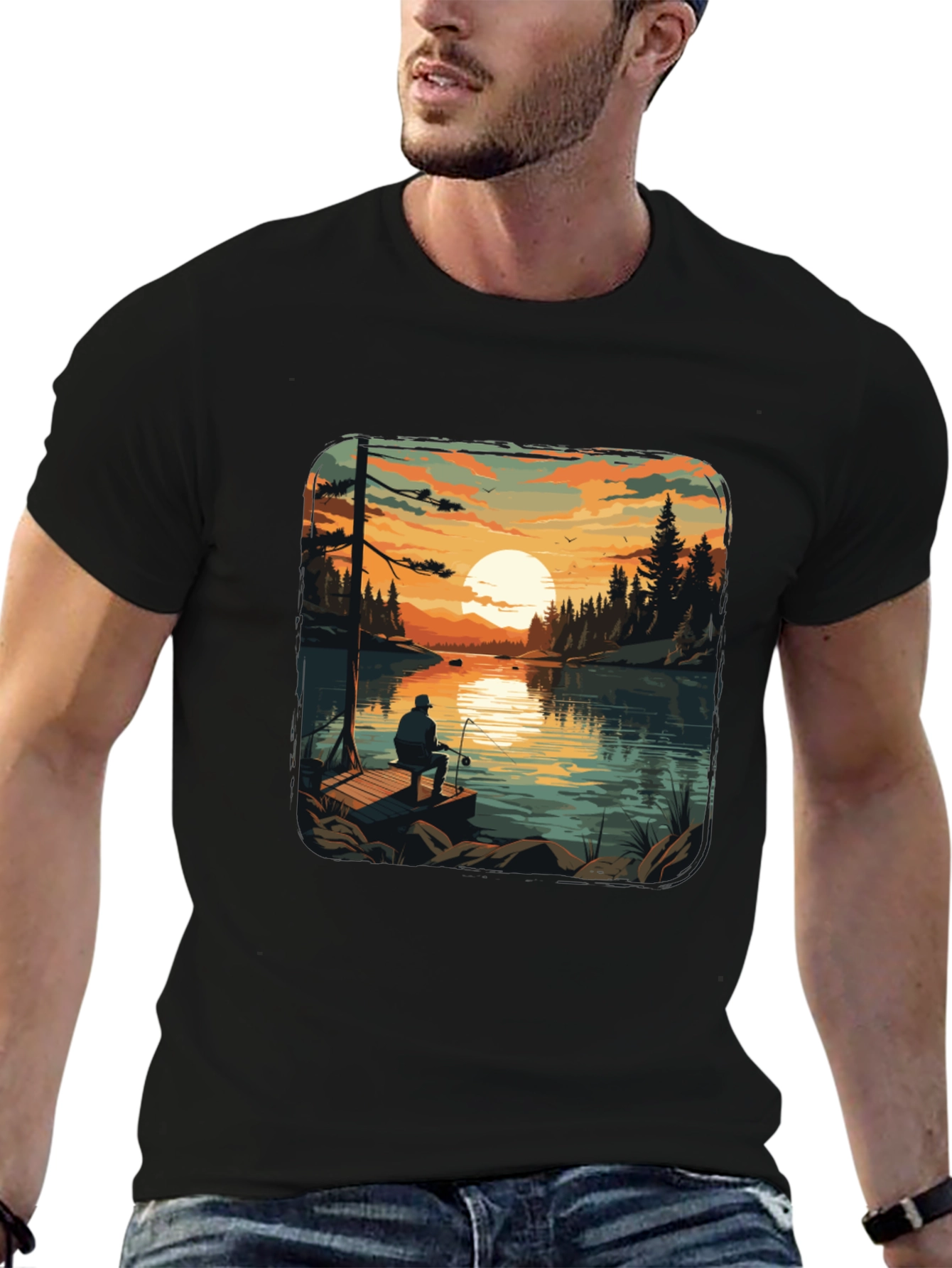 Fishing Lake Sunset Graphic T-Shirt