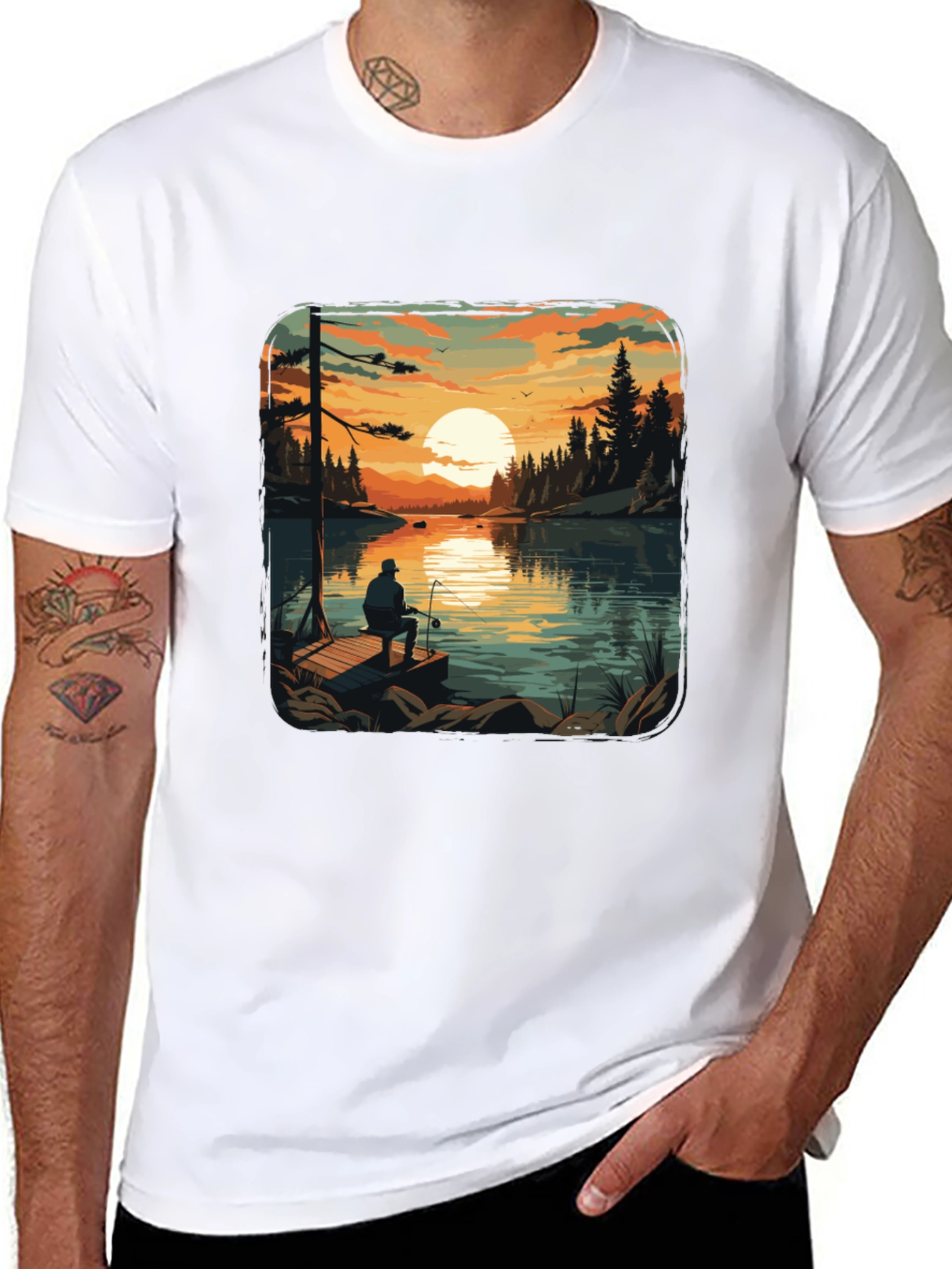 Fishing Lake Sunset Graphic T-Shirt