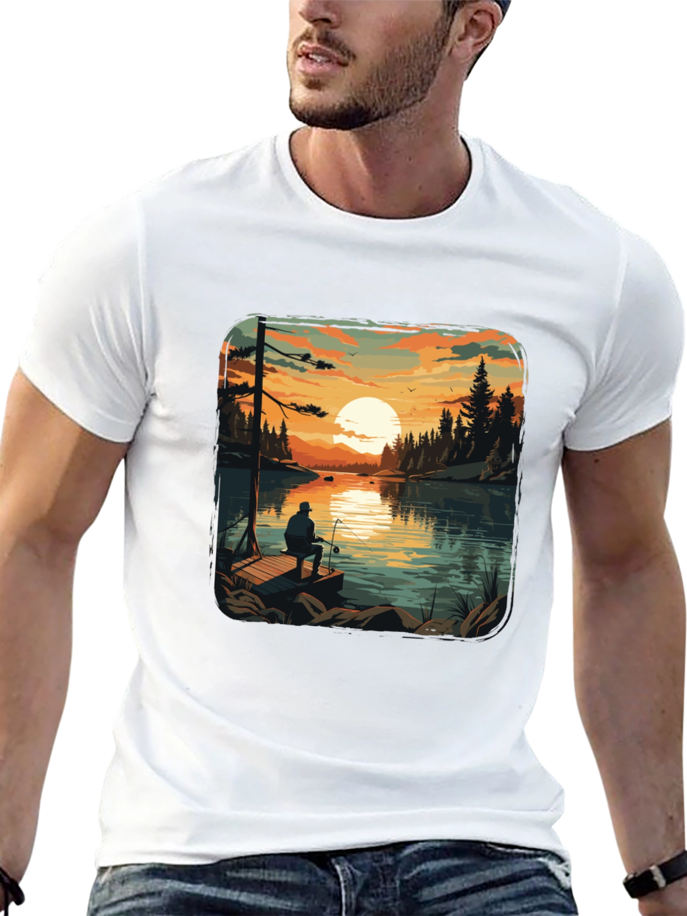 Fishing Lake Sunset Graphic T-Shirt
