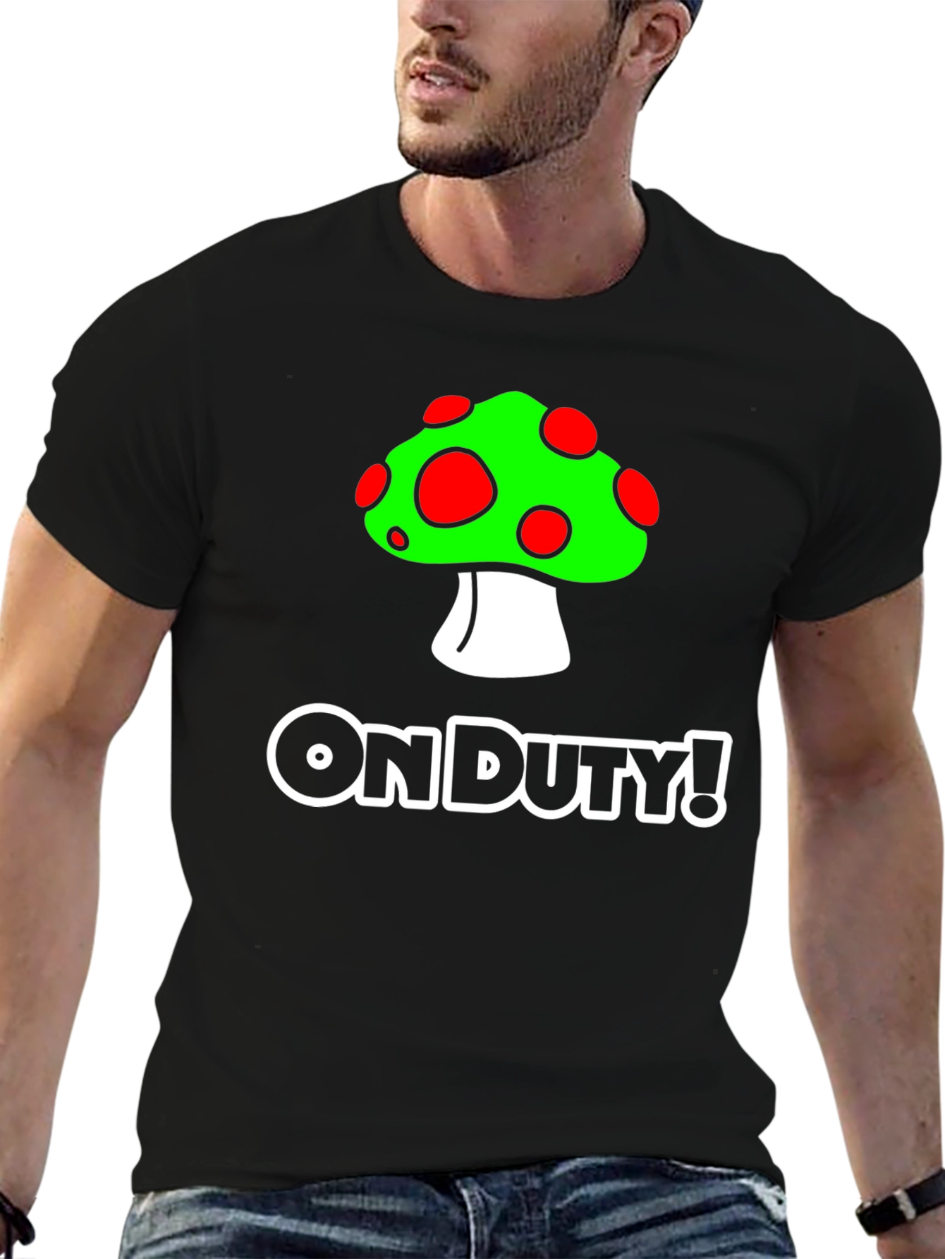 On Duty! Mushroom Graphic Black T-Shirt