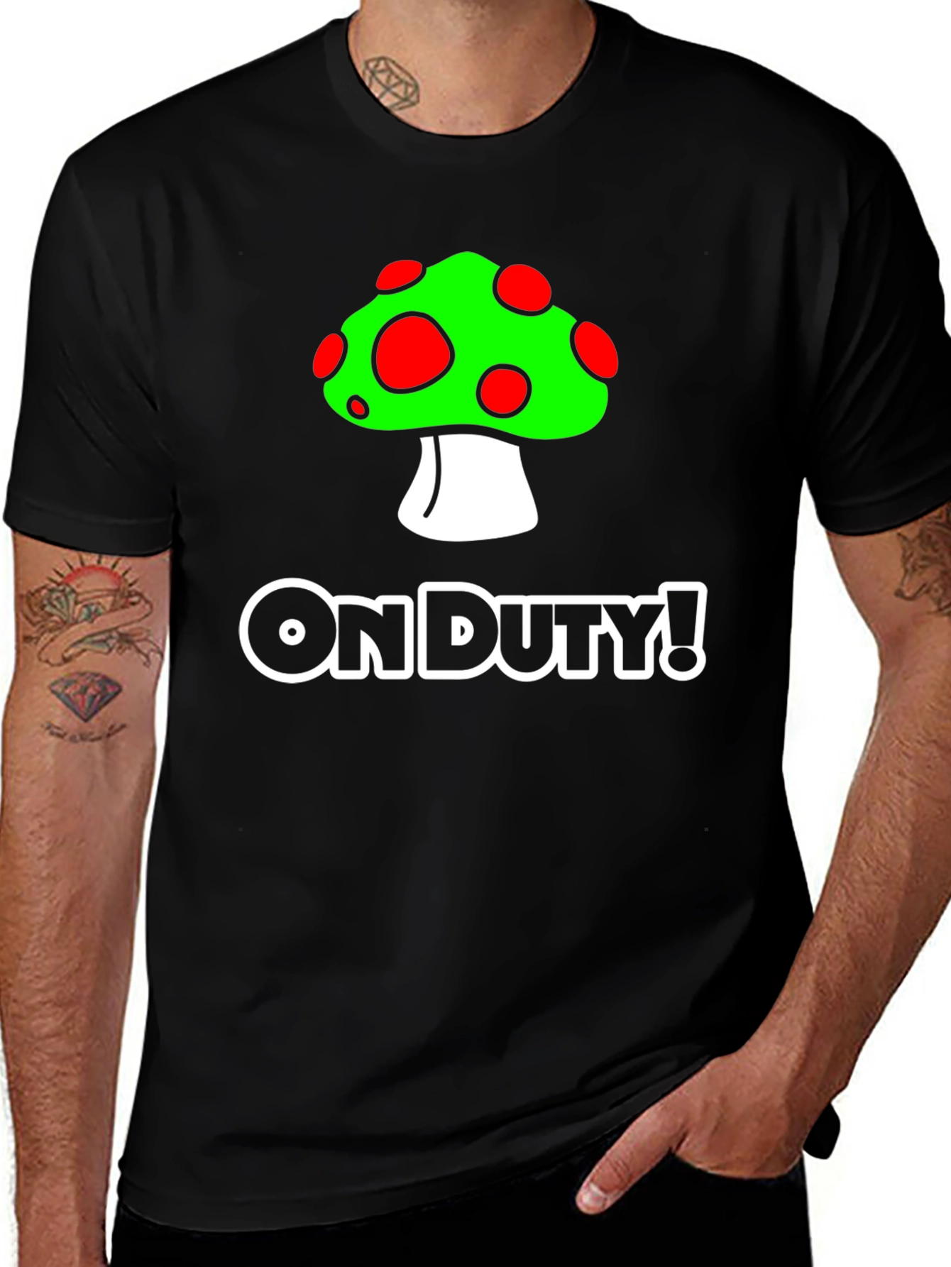 On Duty! Mushroom Graphic Black T-Shirt