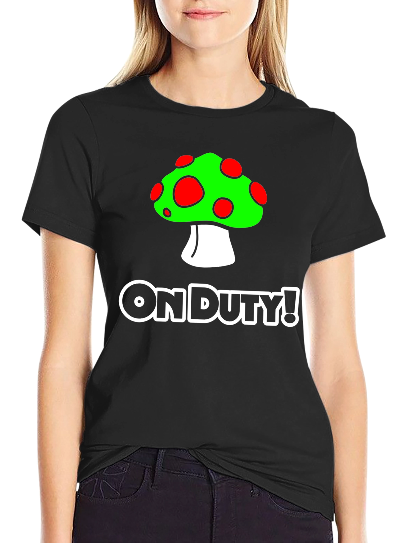 On Duty! Mushroom Graphic Black T-Shirt