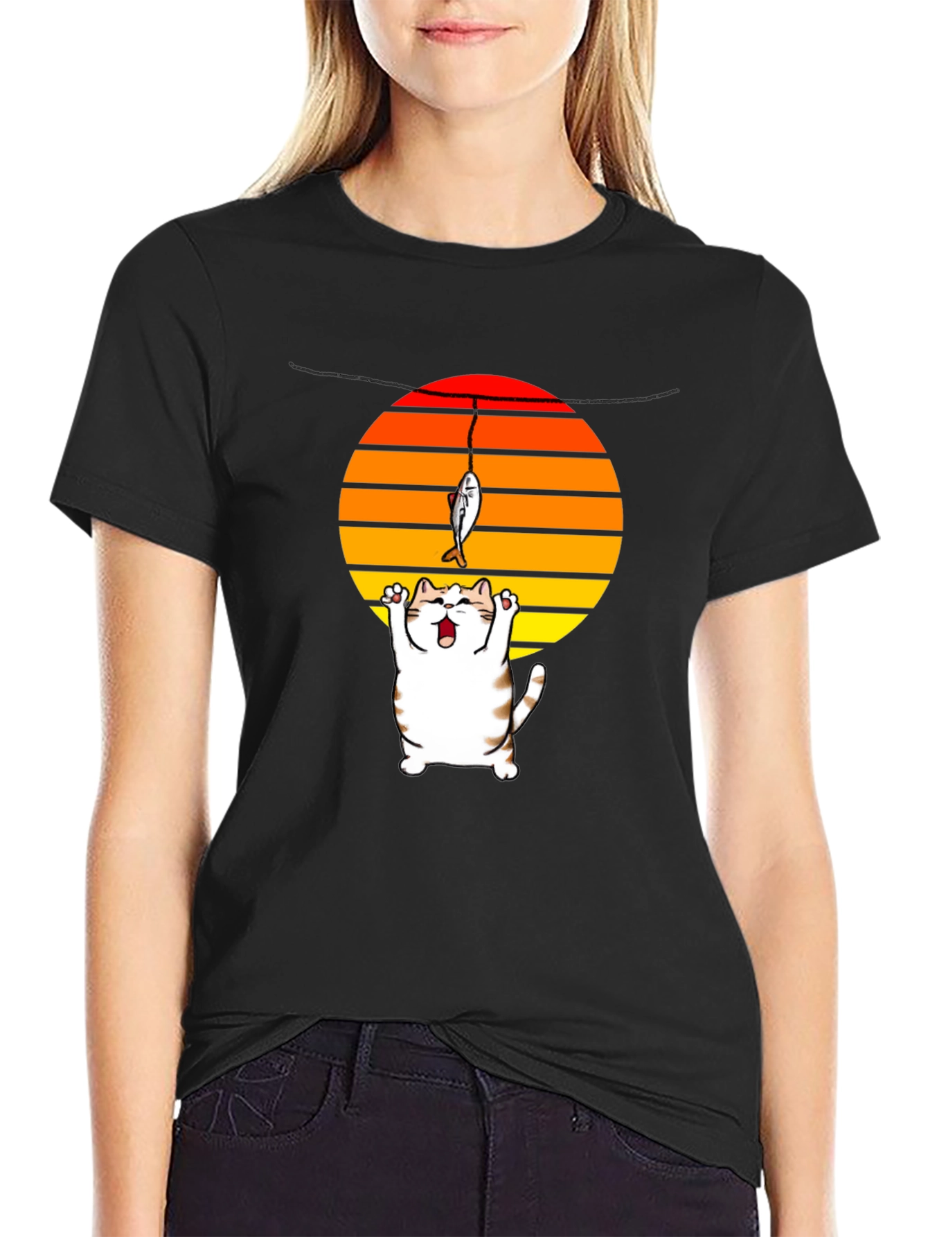 Catching Sunset Cat Graphic Tee - Funny Fishing Shirt