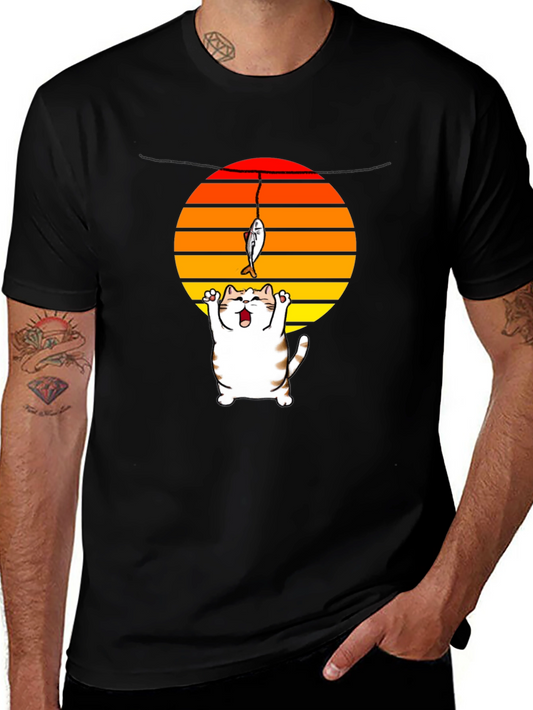 Catching Sunset Cat Graphic Tee - Funny Fishing Shirt