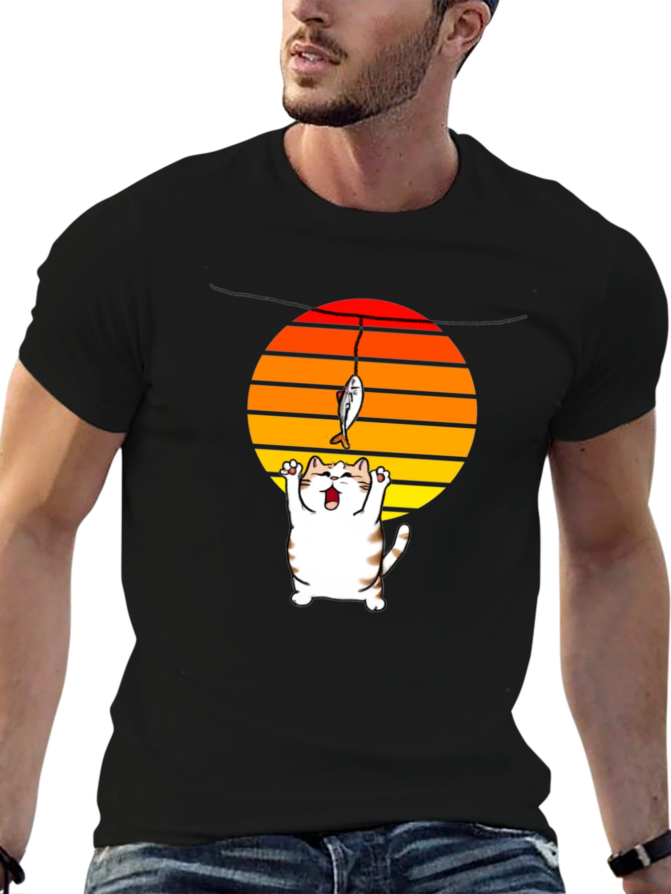 Catching Sunset Cat Graphic Tee - Funny Fishing Shirt