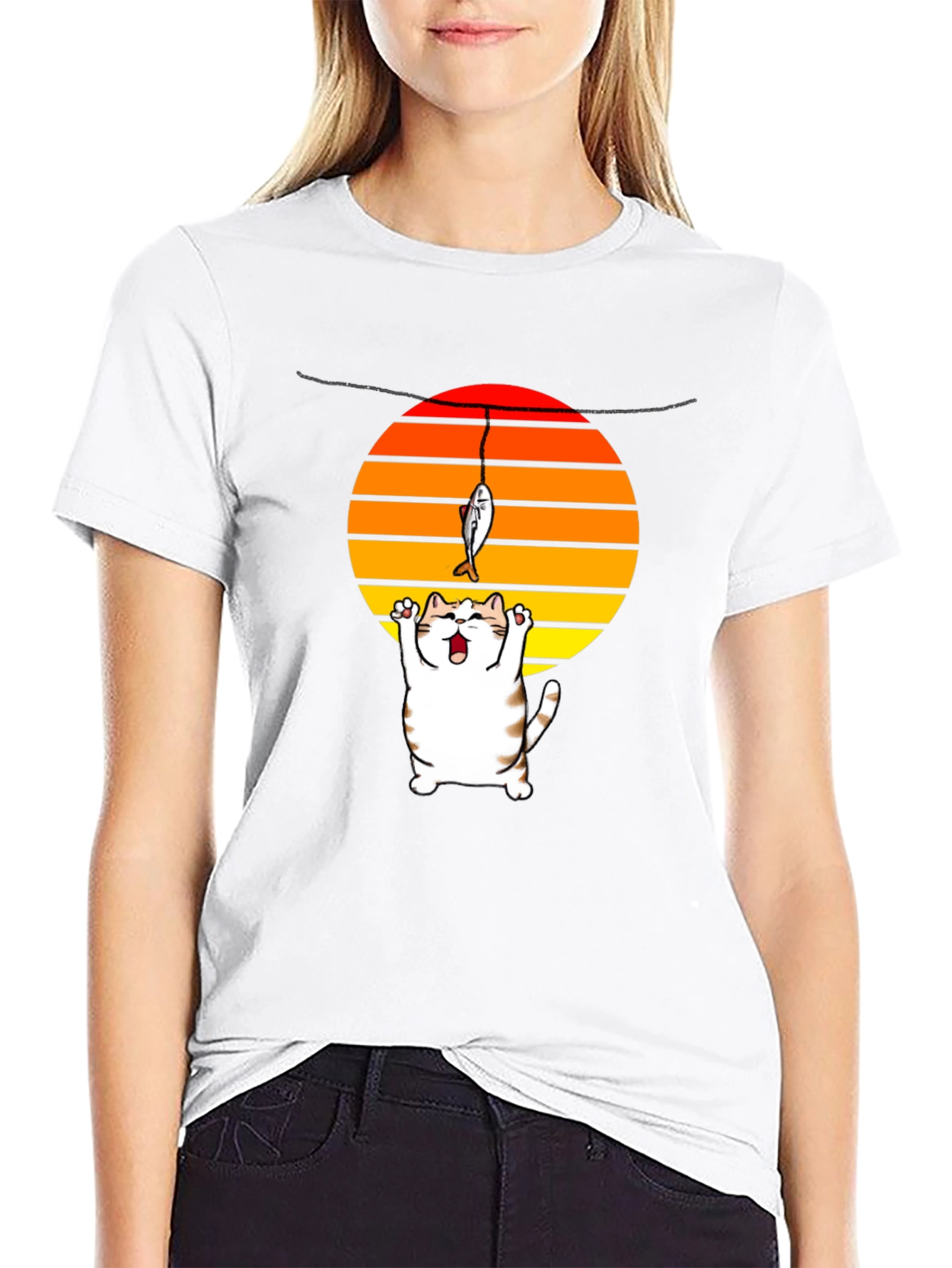 Catching Sunset Cat Graphic Tee - Funny Fishing Shirt