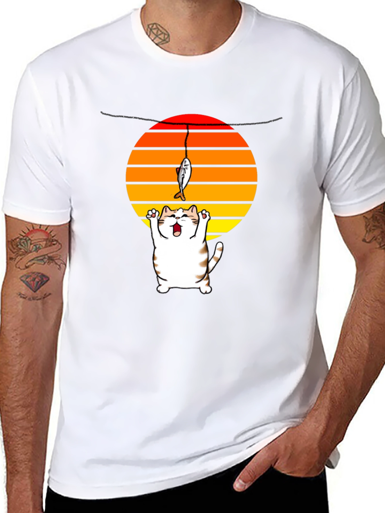 Catching Sunset Cat Graphic Tee - Funny Fishing Shirt