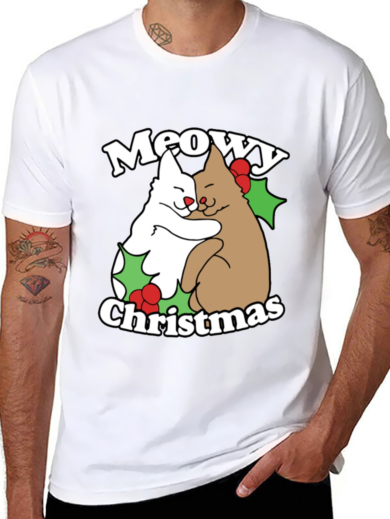 Meowy Christmas Cat Hug T-Shirt