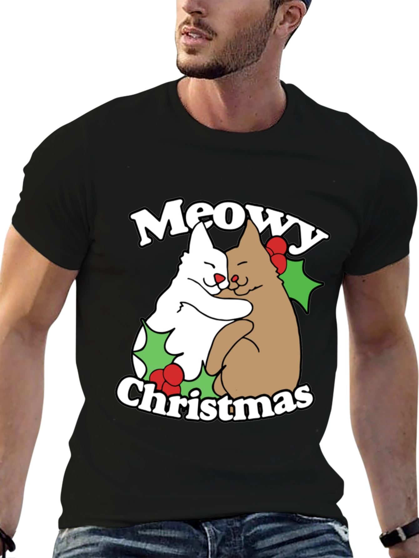 Meowy Christmas Cat Hug T-Shirt