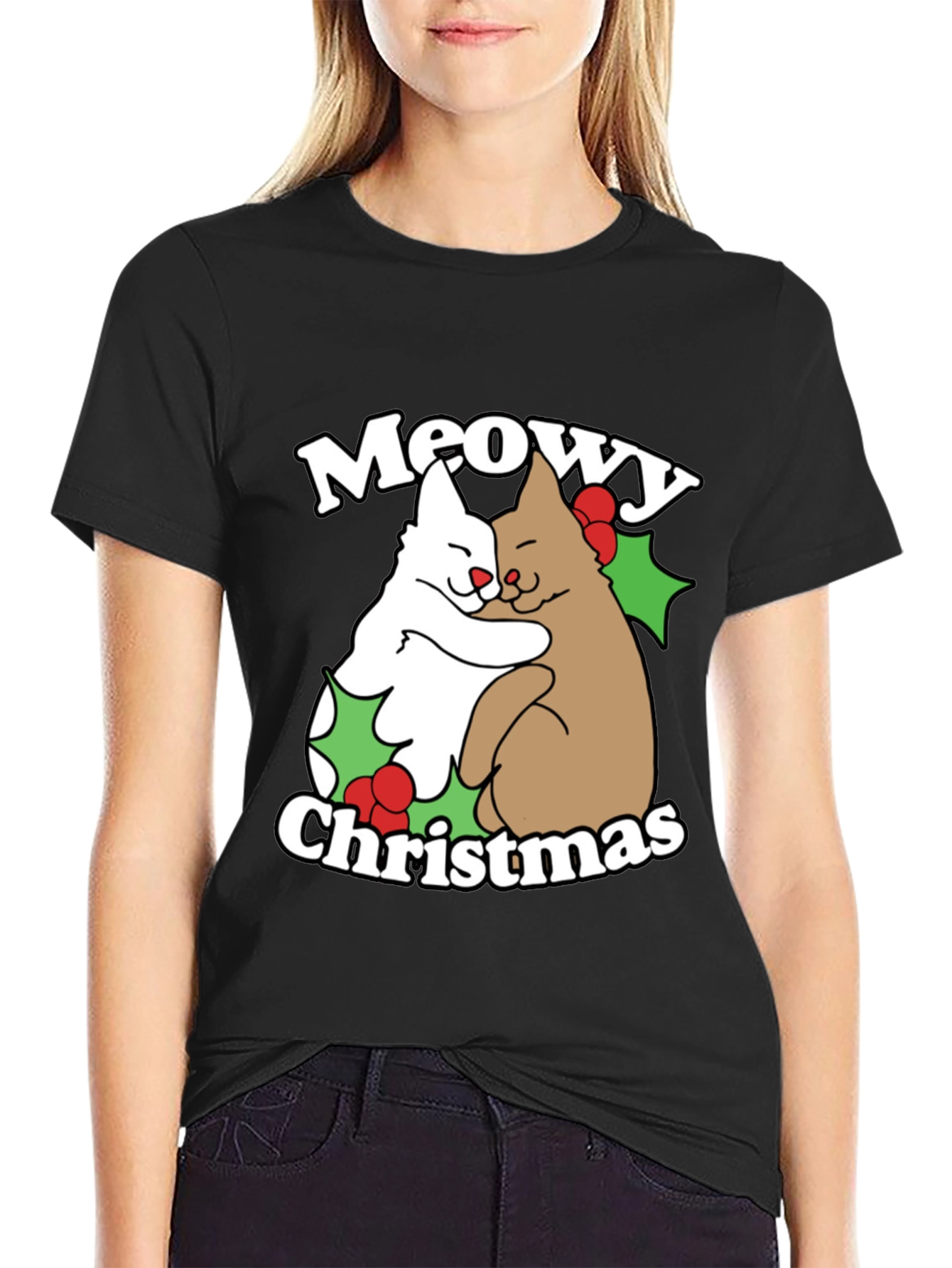 Meowy Christmas Cat Hug T-Shirt