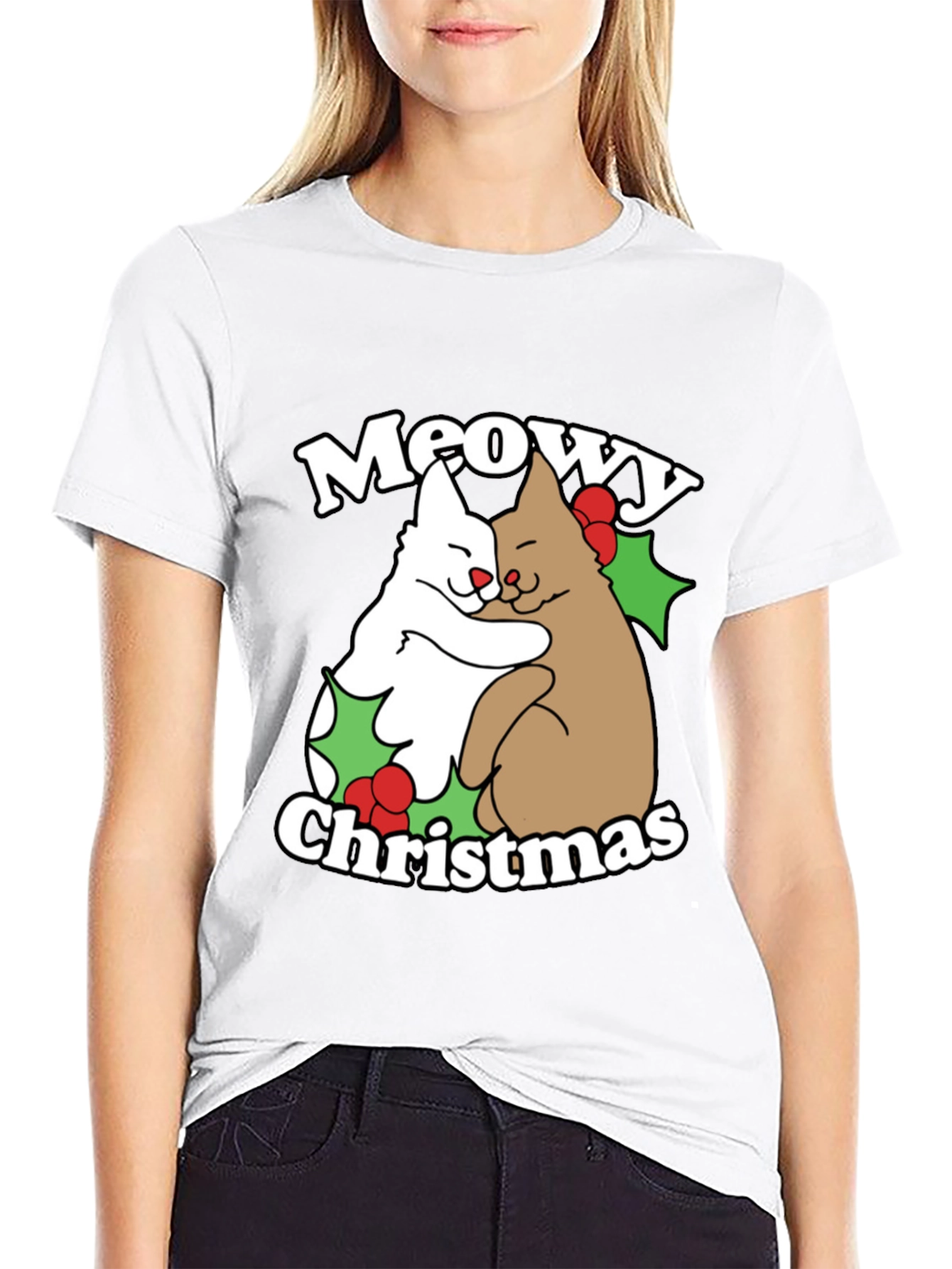Meowy Christmas Cat Hug T-Shirt