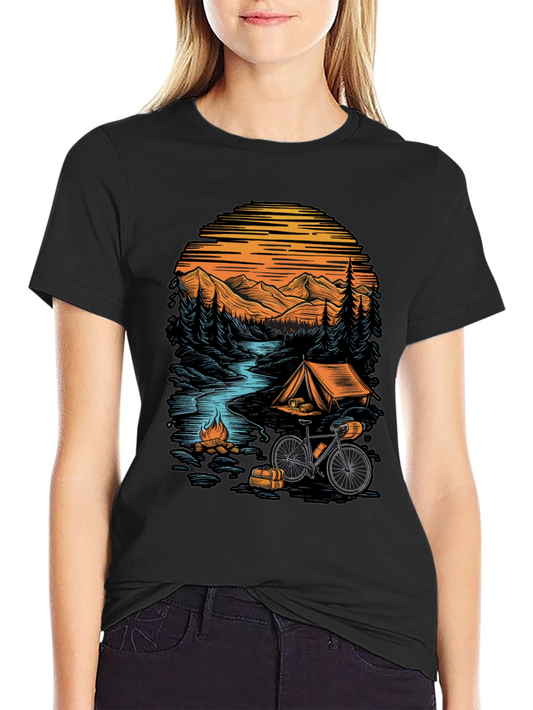 Adventure Camping T-Shirt - Mountain & Bicycle Design